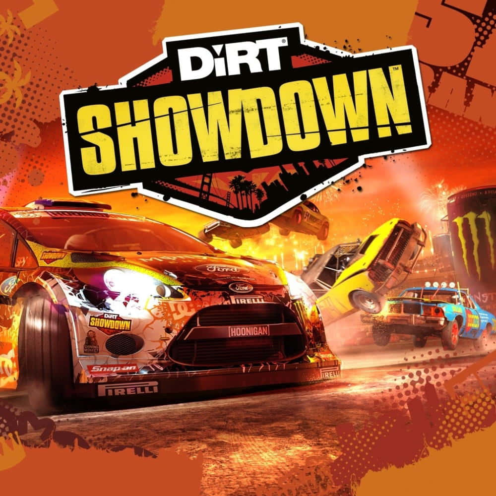 iPhone X《Dirt Showdown》海報背景 壁紙 — 來自《Dirt Showdown》的猛烈撞車場景，多輛拉力賽車翻滾冒煙，背景是鮮豔的橙色日落。
