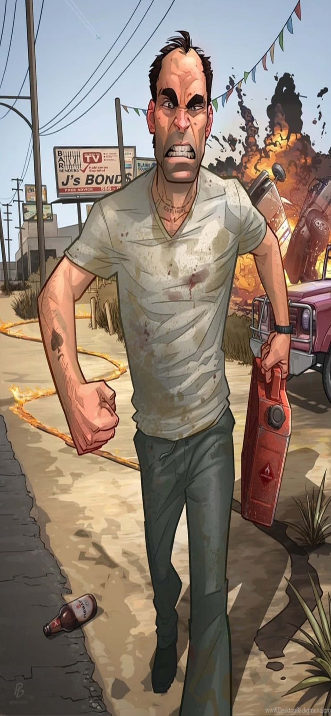 iPhone X Grand Theft Auto V 背景憤怒的 Trevor 壁紙 — 一個憤怒嘅男人着住一件污糟嘅衫，拎住一個紅色嘅汽油罐，喺一條塵土飛揚嘅街上跑，背後發生爆炸。