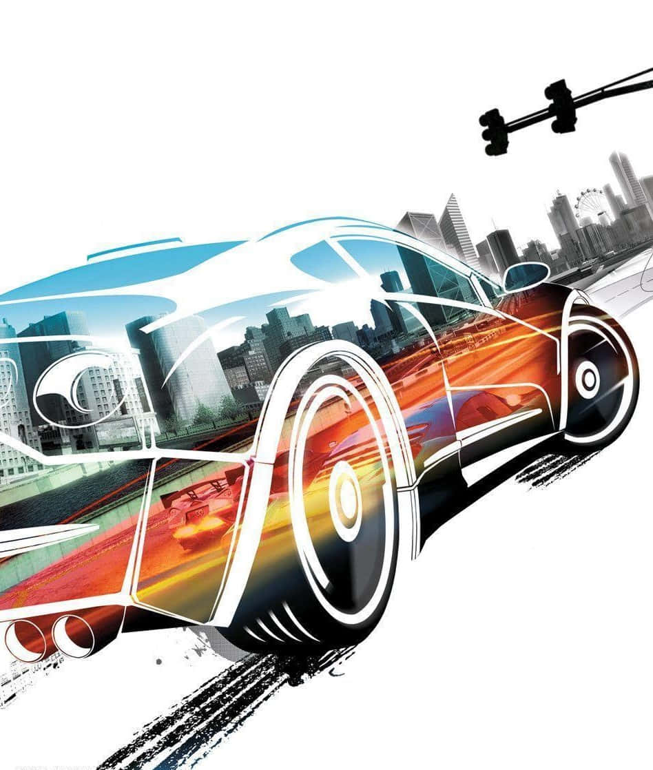 一輛風格化的跑車，帶有動態模糊和塗鴉元素，在城市中疾馳。