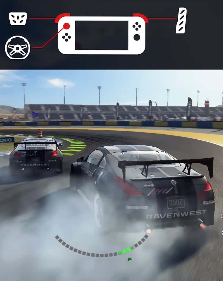 兩輛賽車在賽道上漂移，並帶有Nintendo Switch控制器介面疊加層。