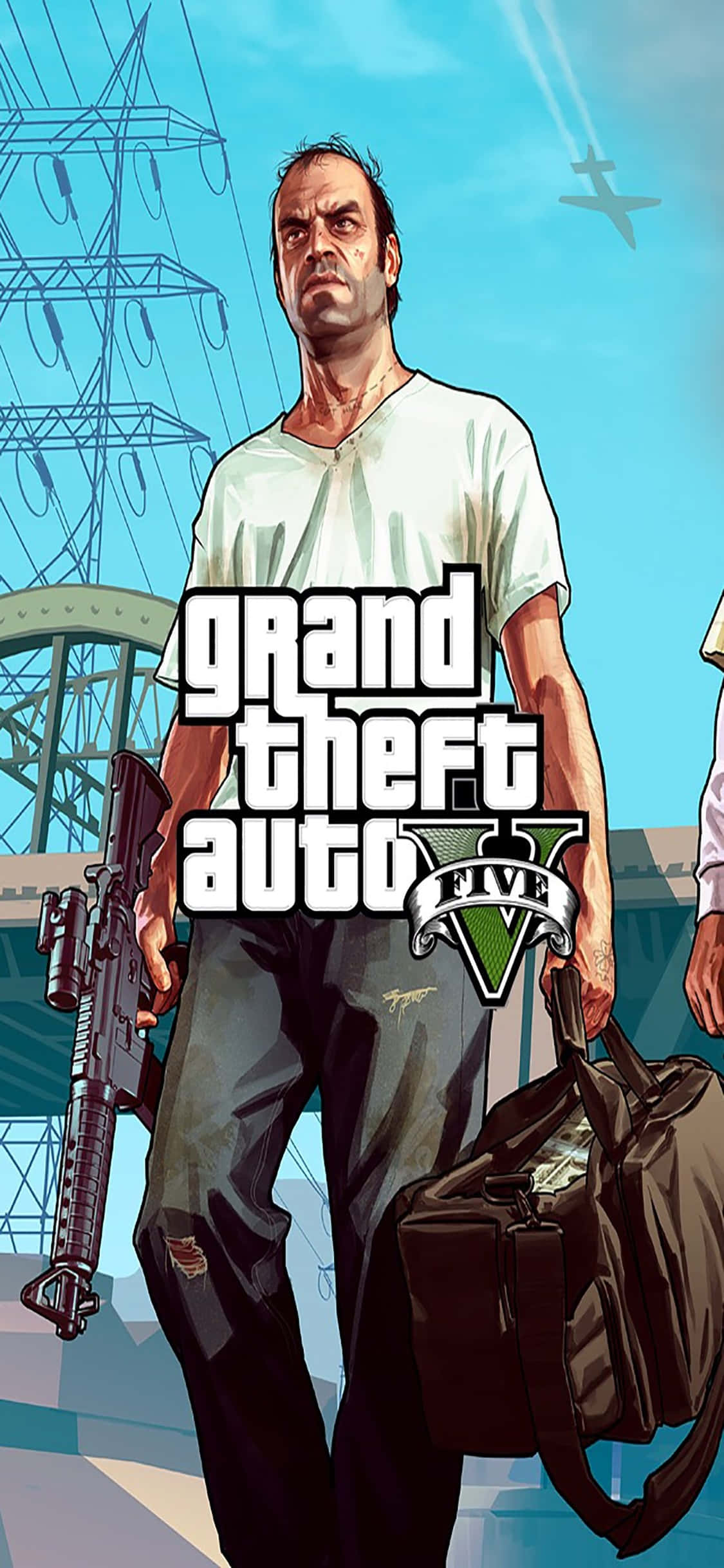 iPhone X《GTA V》Trevor背袋持槍背景 壁紙 — 一個粗獷的插畫主角穿著白色T恤和牛仔褲，在城市景觀中手持步槍和行李袋，背景有電線和飛行的飛機。