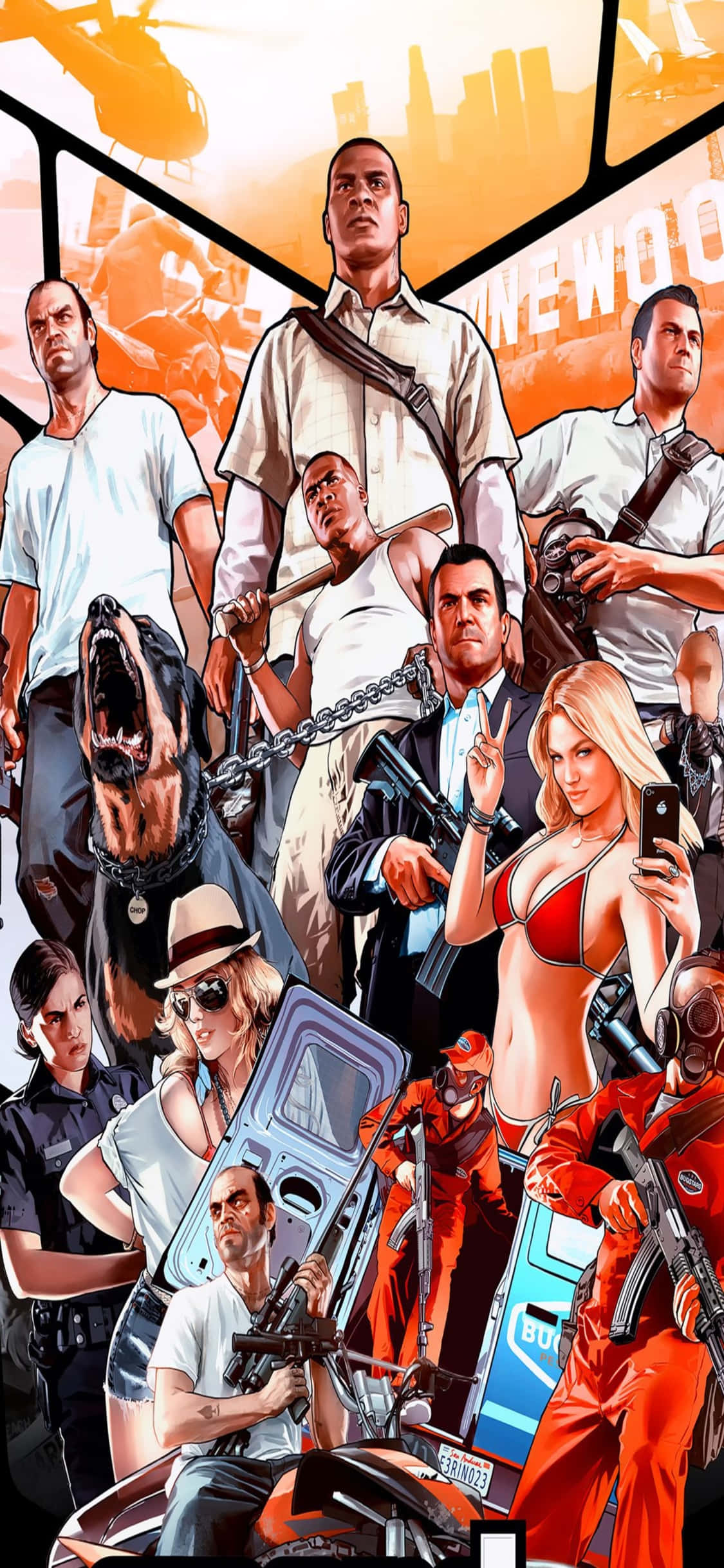 iPhone X《GTA V》背景：角色多角度並立 壁紙 — 一張充滿活力的插圖海報，展示多個來自GTA的角色，手持武器，一隻狗，以及橙色調的城市天際線。