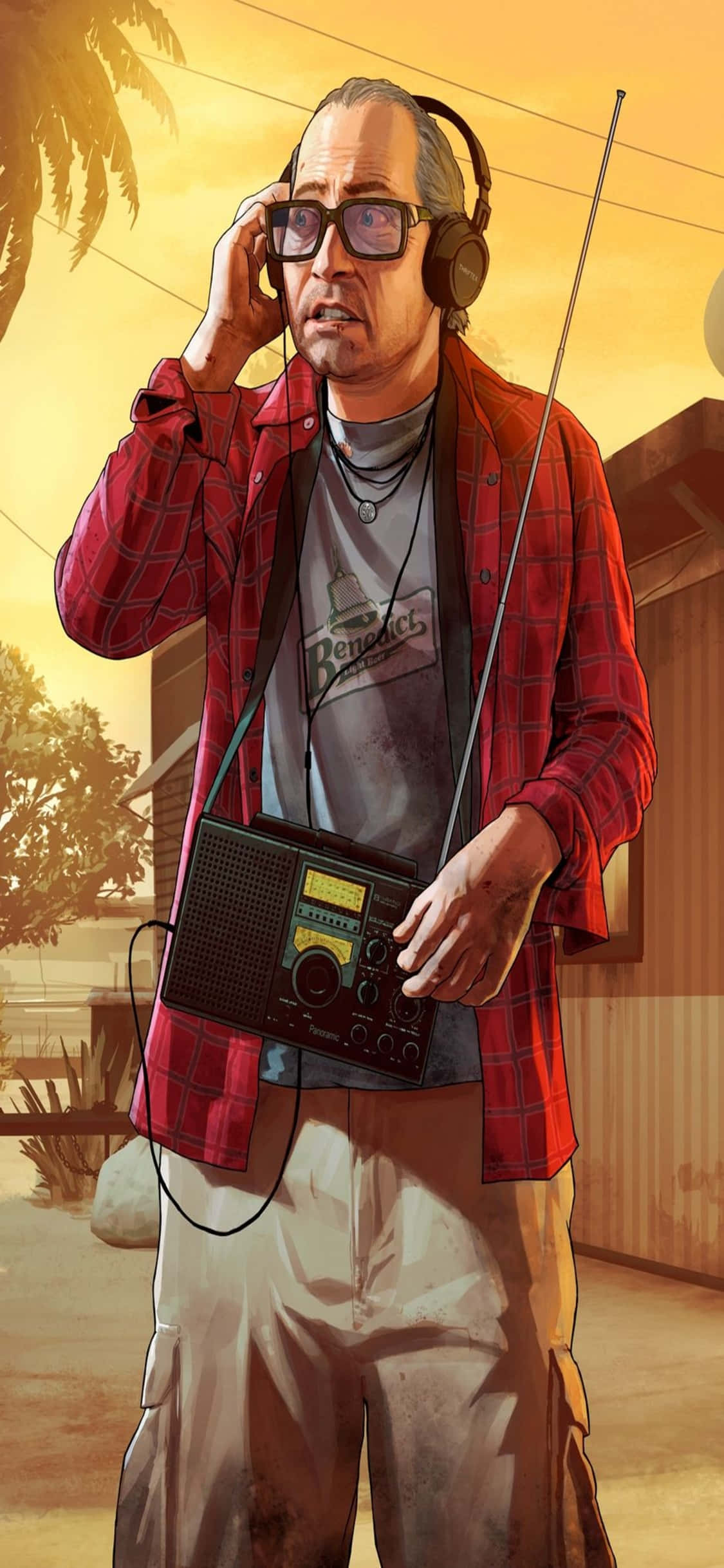 iPhone X《GTA V》背景與角色羅恩·雅科夫斯基 壁紙 — 一個穿著紅色格仔襯衫和耳機的男人，在溫暖的金色夕陽下拿著一部復古收音機。