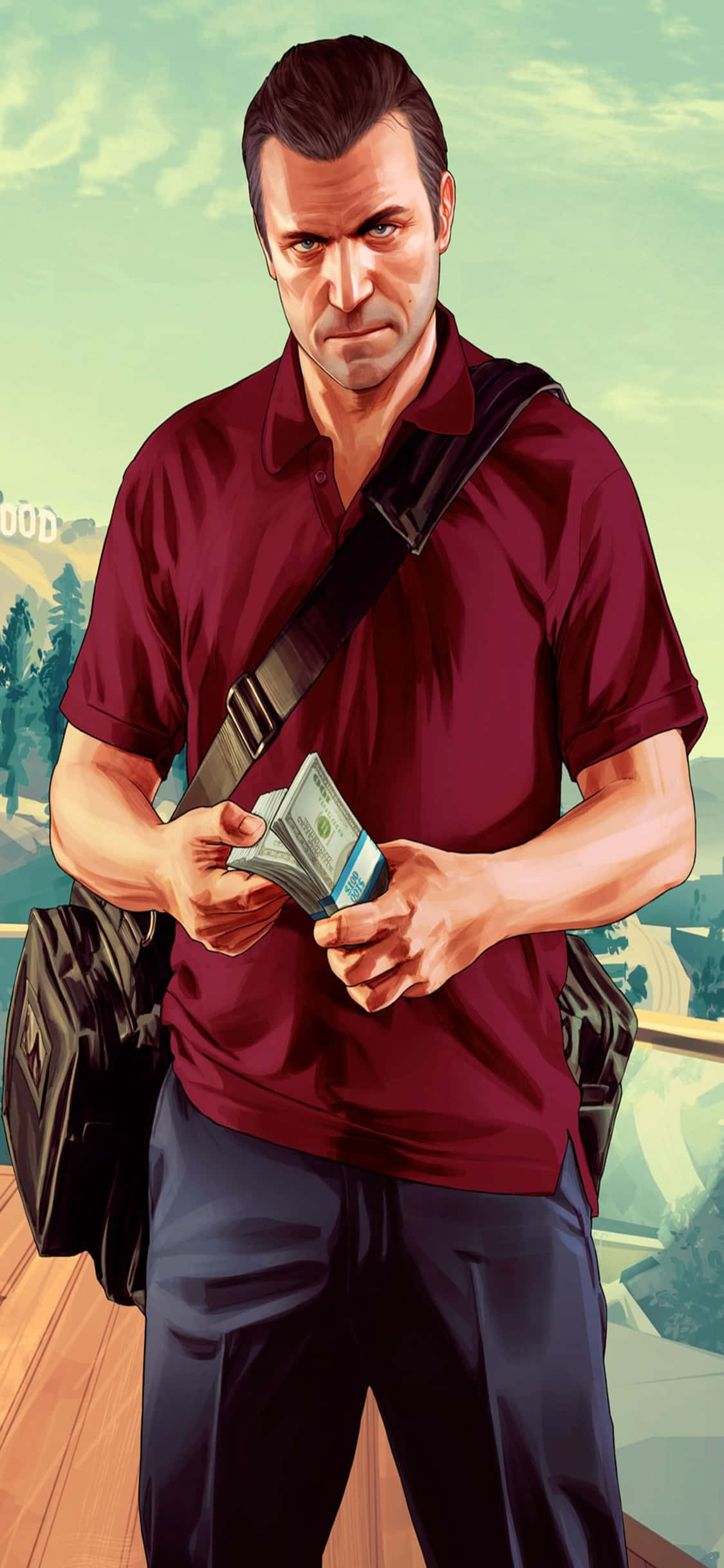iPhone X《GTA V》背景與角色邁克爾 壁紙 — 一個嚴肅的男人穿著栗色襯衫，站在木甲板上數現金，背景是荷里活標誌。