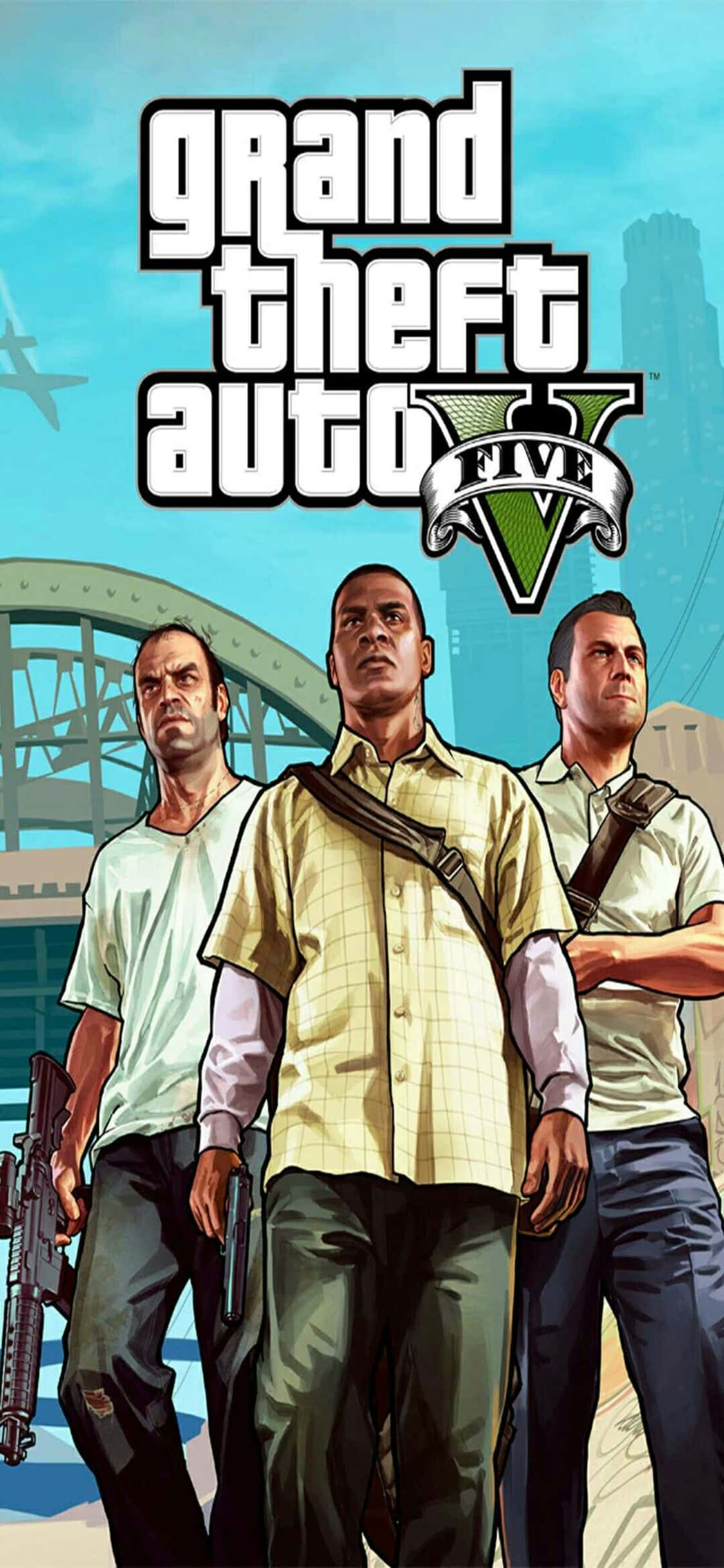 iPhone X《GTA V》背景與三位主角 壁紙 — 《俠盜獵車手V》的三位主角自信地站在城市橋樑前，背景是明亮的藍天。