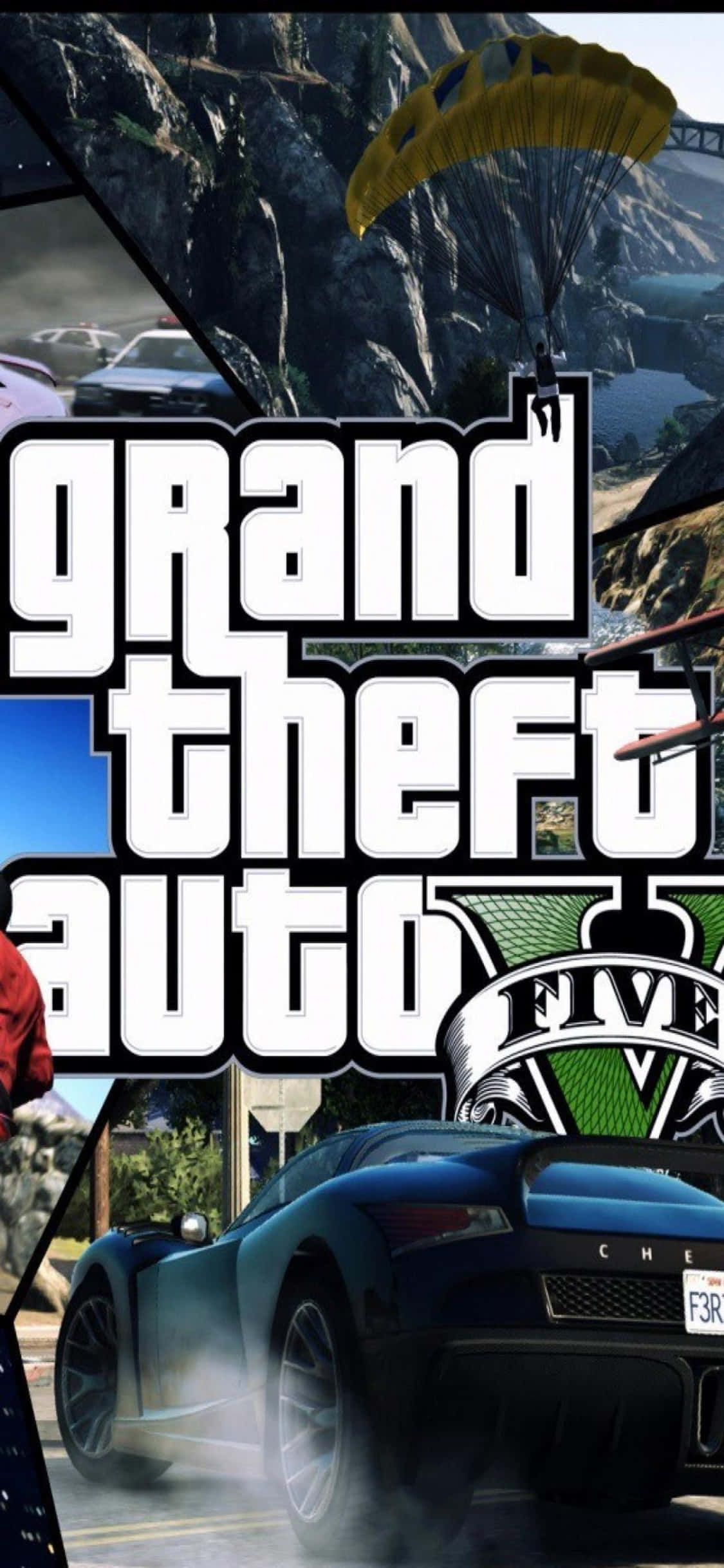 iPhone X《GTA V》車輛拼貼背景 壁紙 — 一幅動態拼貼畫，展示《Grand Theft Auto V》場景，包括一輛藍色跑車飄移冒煙、降落傘在懸崖上空下降，以及遊戲的標誌性標誌。
