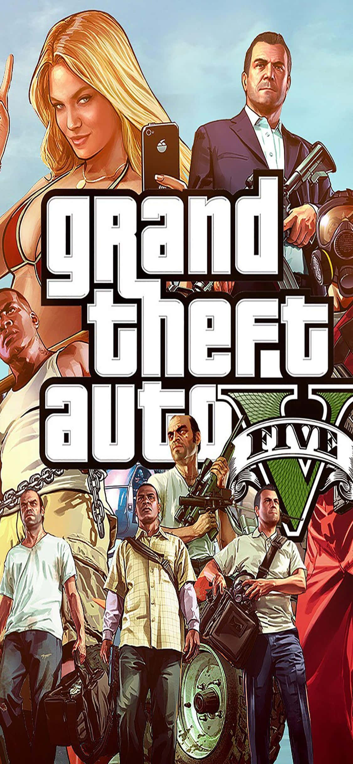 iPhone X《GTA V》遊戲角色群像背景 壁紙 — 《Grand Theft Auto V》遊戲封面，主角們在充滿活力的城市環境中，配以粗體文字和動感姿勢。