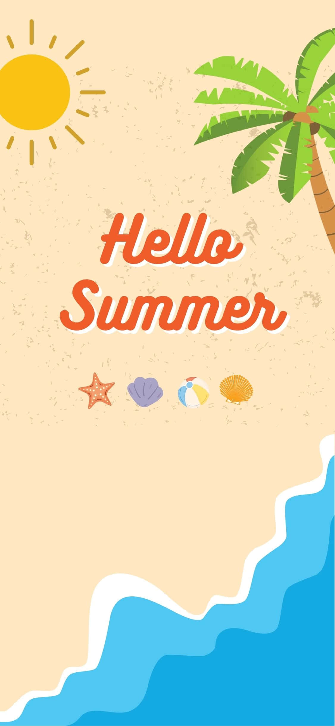 海灘俯瞰插畫 iPhone X 夏日背景 壁紙 — 一個愉快的夏日海灘場景，有棕櫚樹太陽和貝殼，下方有「Hello Summer」文字。