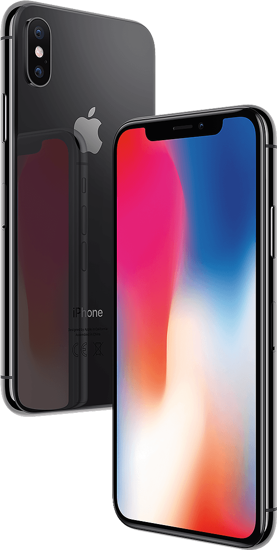 iPhone X 空間灰正面與背面 壁紙 — 一部時尚的黑色iPhone X，在純黑背景上展示正面和背面，配以充滿活力的漸變屏幕。