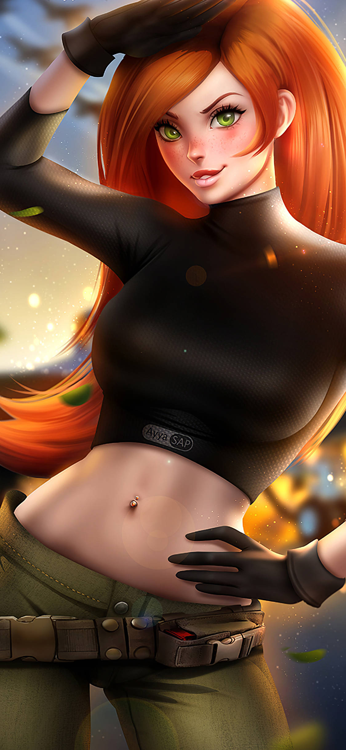 金姆·可能iPhone X卡通藝術壁紙 壁紙 — 一位自信的動漫風格女性，擁有火紅的頭髮和綠色的眼睛，穿著戰術裝備，在發光的宇宙背景下擺姿勢。