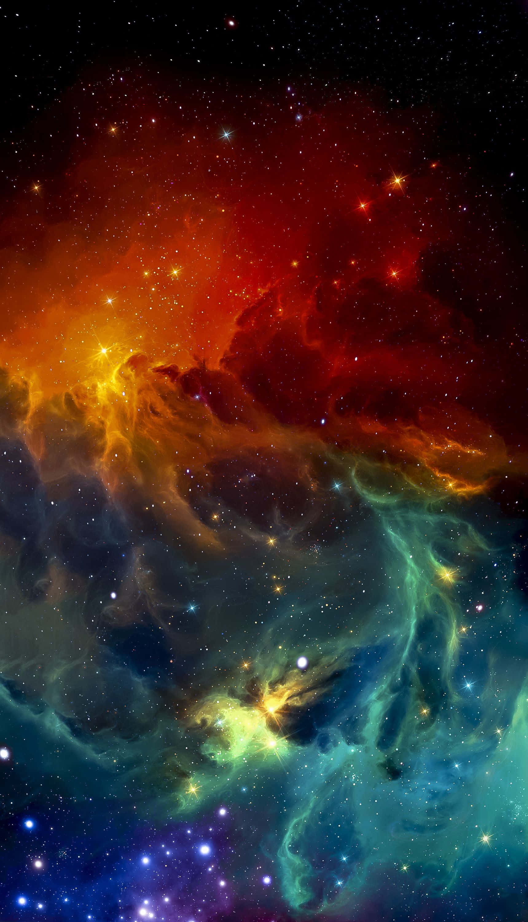 iPhone X OLED星際宇宙風 壁紙 — 充滿活力的宇宙星雲在星空背景下以火紅、橙色和冷藍色旋轉。