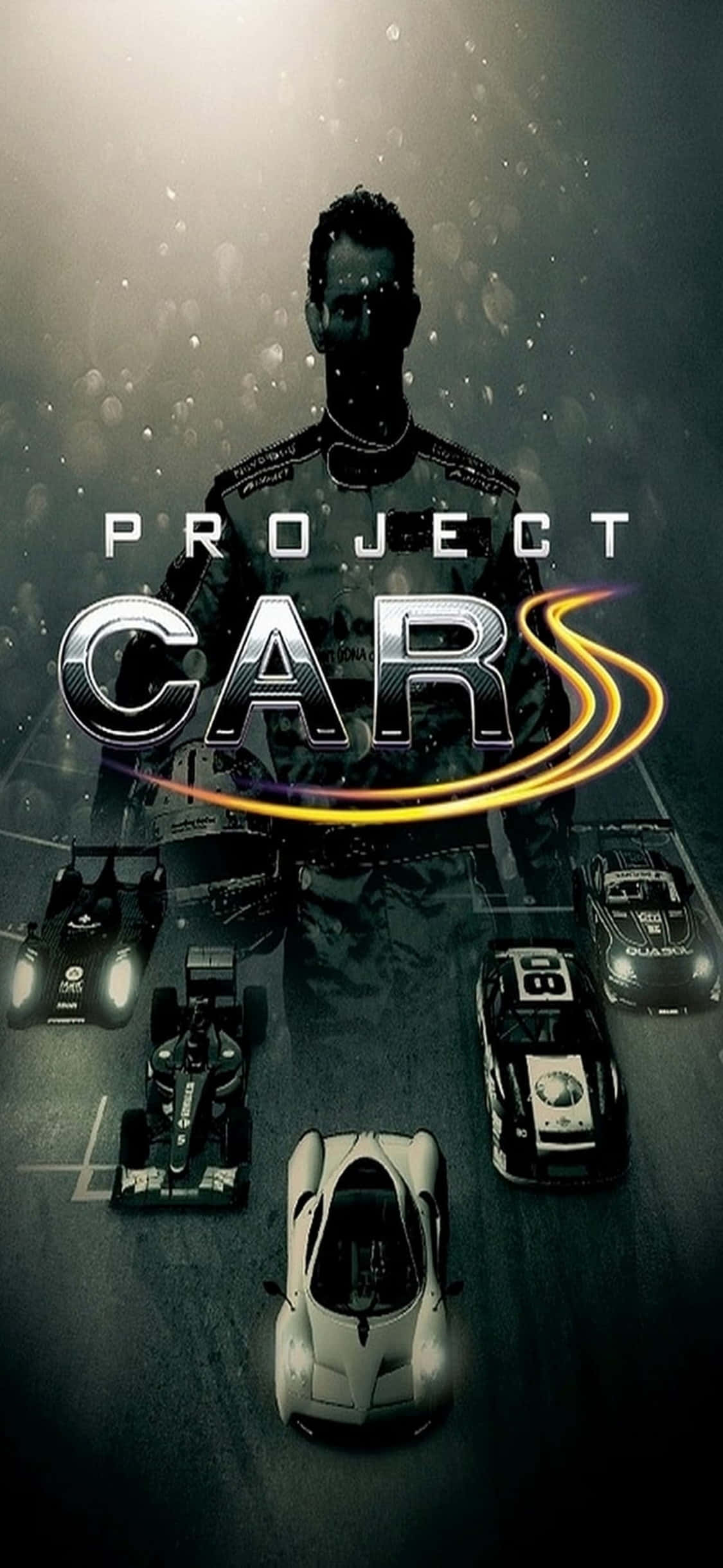 iPhone X《Project Cars》多車種遊戲海報背景 壁紙 — 一張黑暗電影風格海報，賽車手剪影下方有五輛賽車，在戲劇性燈光下。