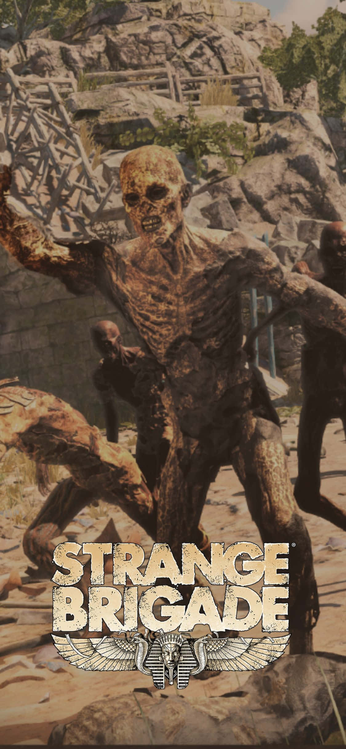 iPhone X《Strange Brigade》背景圖：多隻骷髏殭屍奔跑 壁紙 — 一個露出骨頭的怪誕骷髏怪物在明亮的日光下，在岩石沙漠峽谷中向前猛衝。