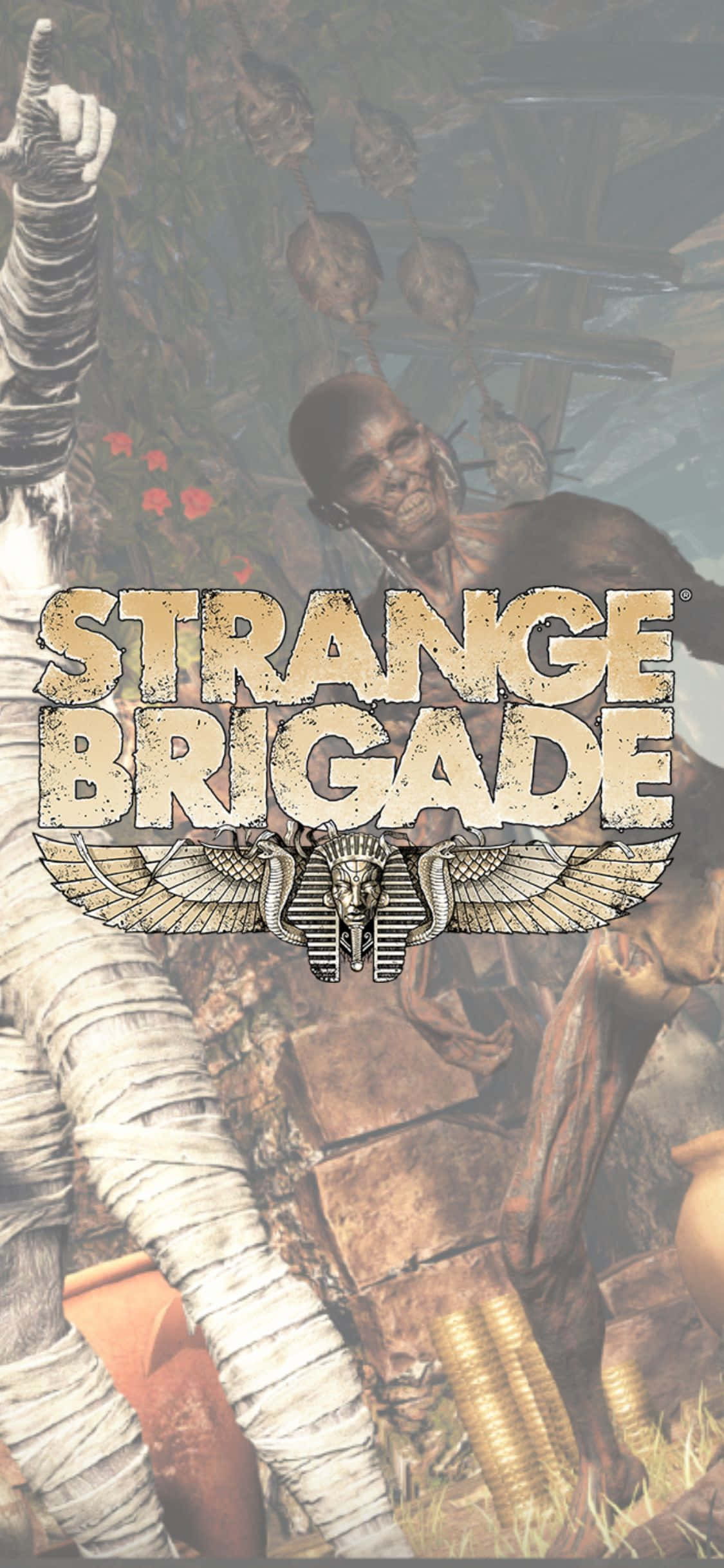 iPhone X《Strange Brigade》背景圖：骷髏殭屍與裹屍布殭屍 壁紙 — 木乃伊和古埃及戰士站在廢墟中，'Strange Brigade' 標誌顯眼地展示。