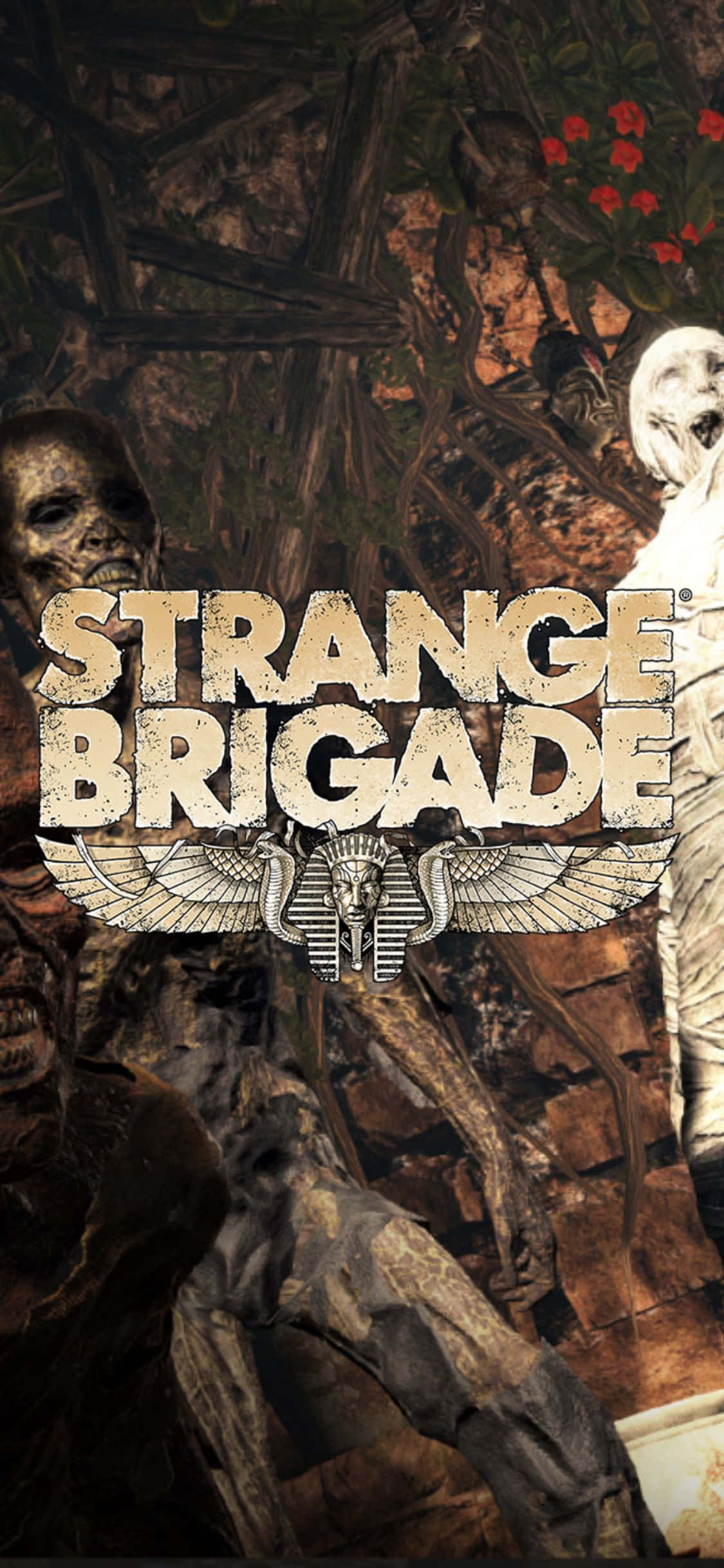 恐懼骷髏殭屍 iPhone X Strange Brigade 背景 壁紙 — 一個黑暗奇幻遊戲封面， featuring 木乃伊和古代遺跡，粗體文字寫著 Strange Brigade。