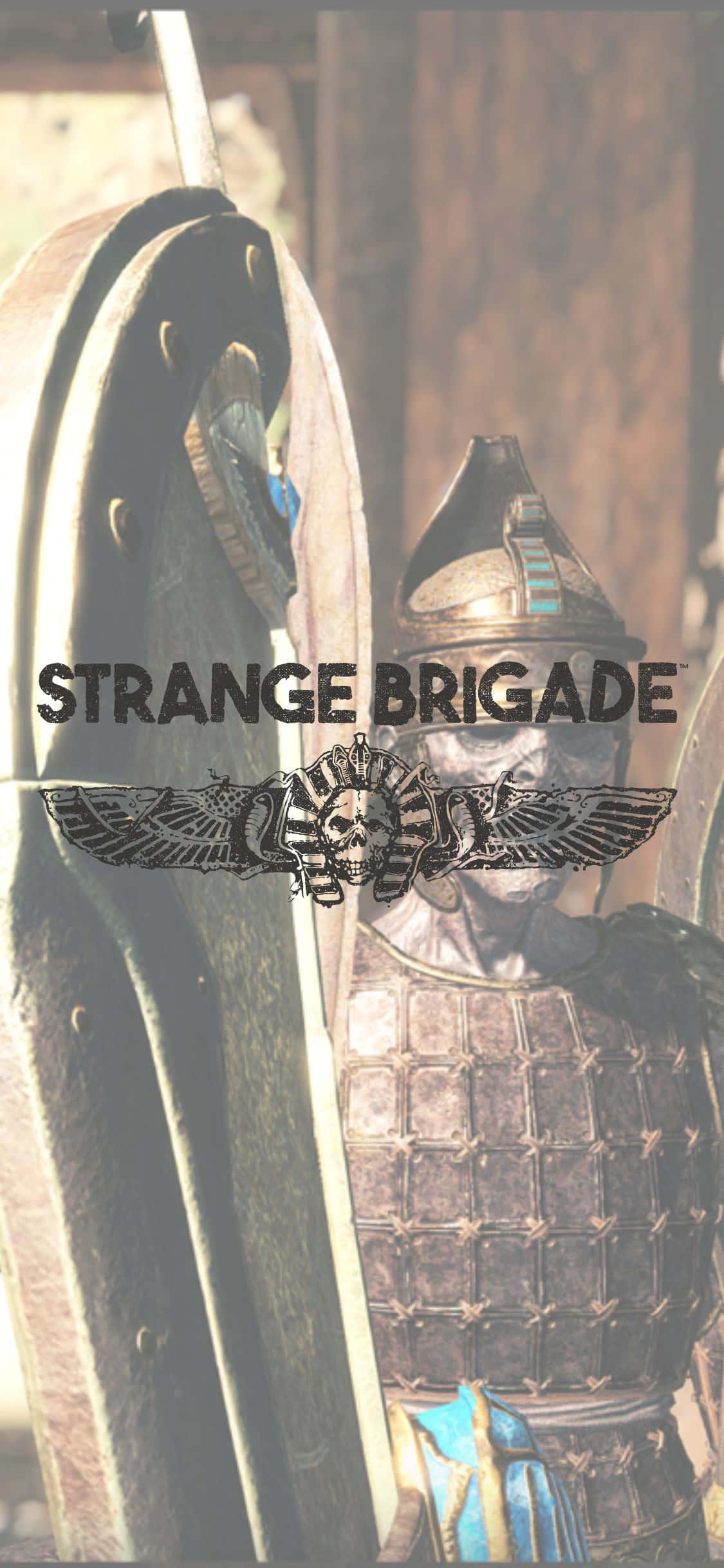iPhone X《Strange Brigade》背景圖：裝甲士兵 壁紙 — 一名身穿華麗盔甲和頭盔的士兵站在一個大型盾牌旁邊，盾牌上疊加了Strange Brigade標誌。