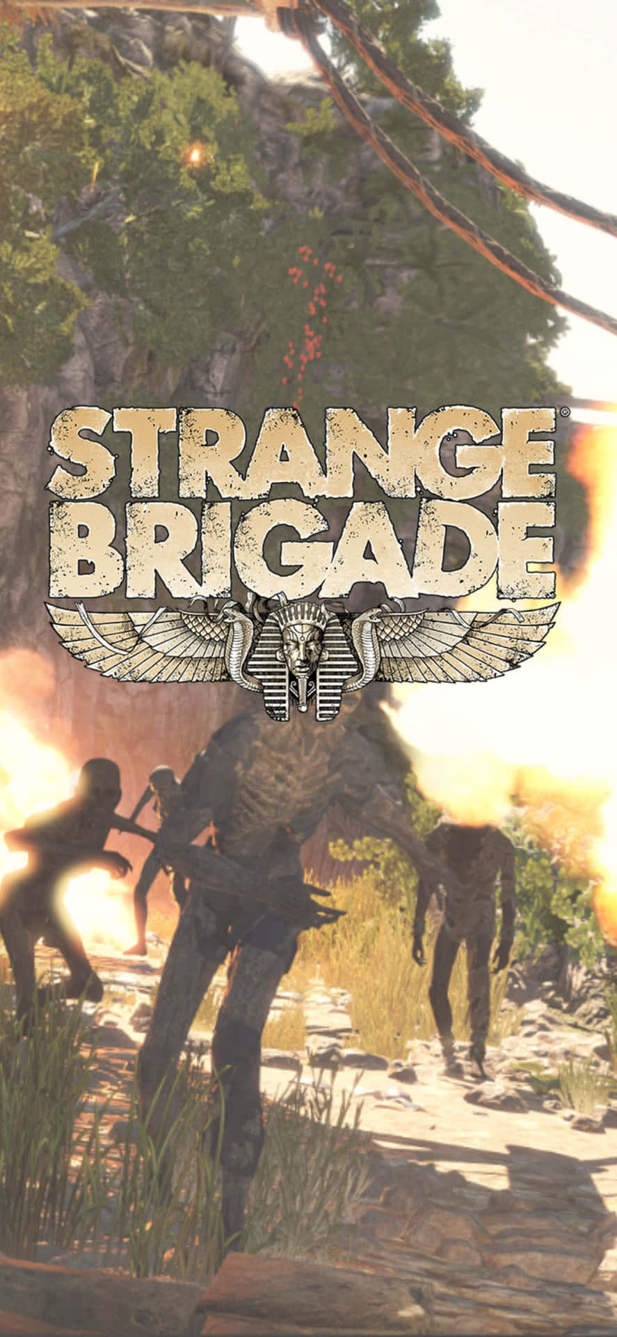 iPhone X《Strange Brigade》背景圖：無頭骷髏殭屍奔跑 壁紙 — 一個熾熱的古代廢墟場景，有骷髏戰士和發光的餘燼，在陽光明媚的天空下。