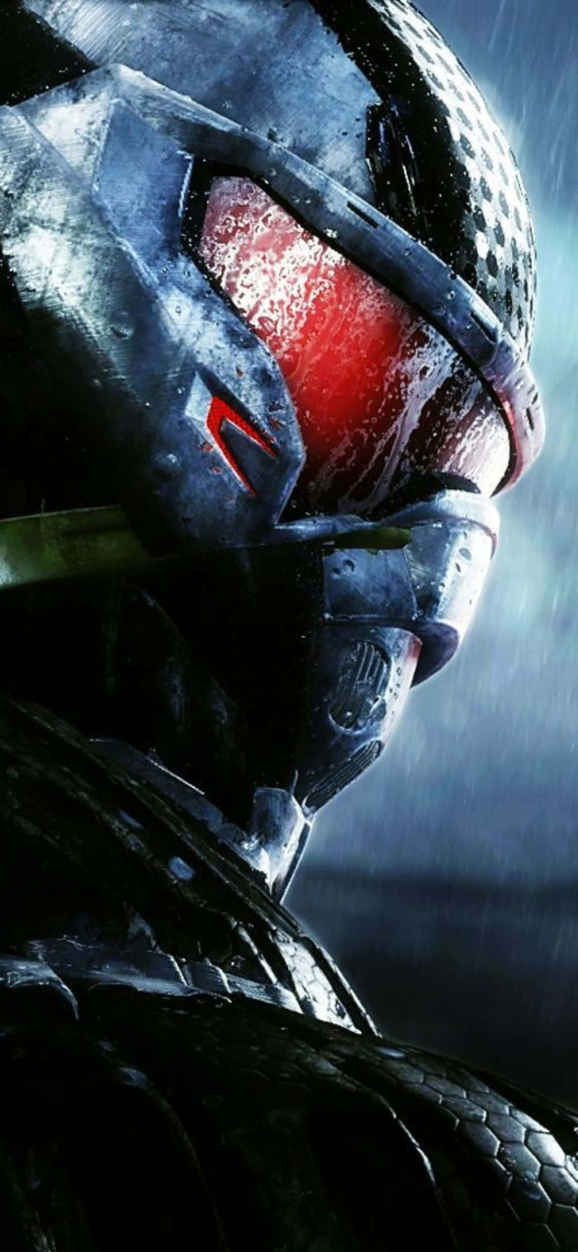 iPhone X 上 Crysis 3 的截圖 壁紙 — 一個被雨淋濕的裝甲戰士，雙眼發出紅光，在黑暗的暴風雨背景下凝視著。