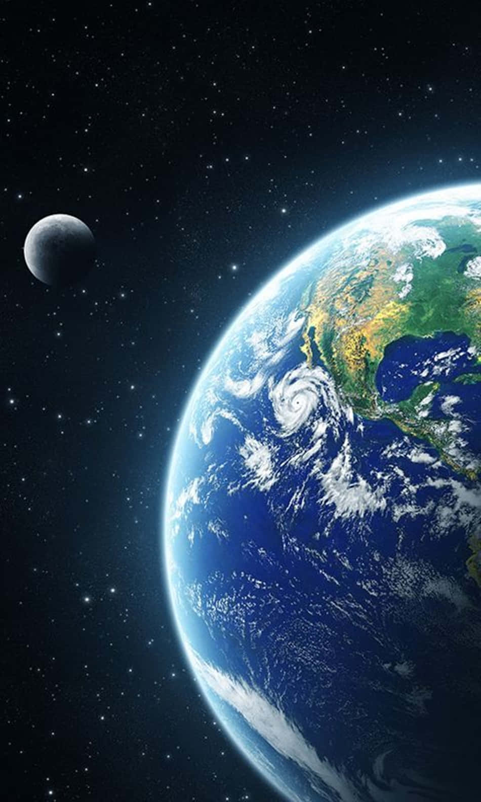 太空中的地球和月亮，有星星和旋轉的雲層