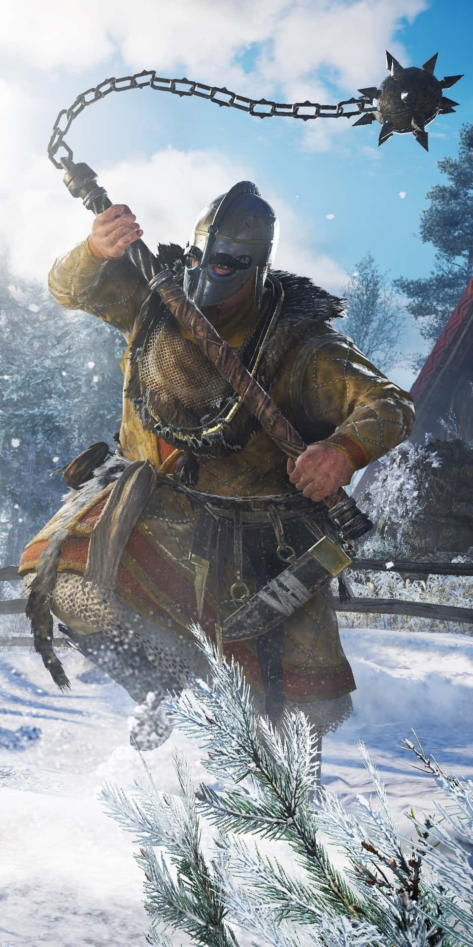 冬季盔甲戰士在雪地森林中揮舞帶刺連枷。
