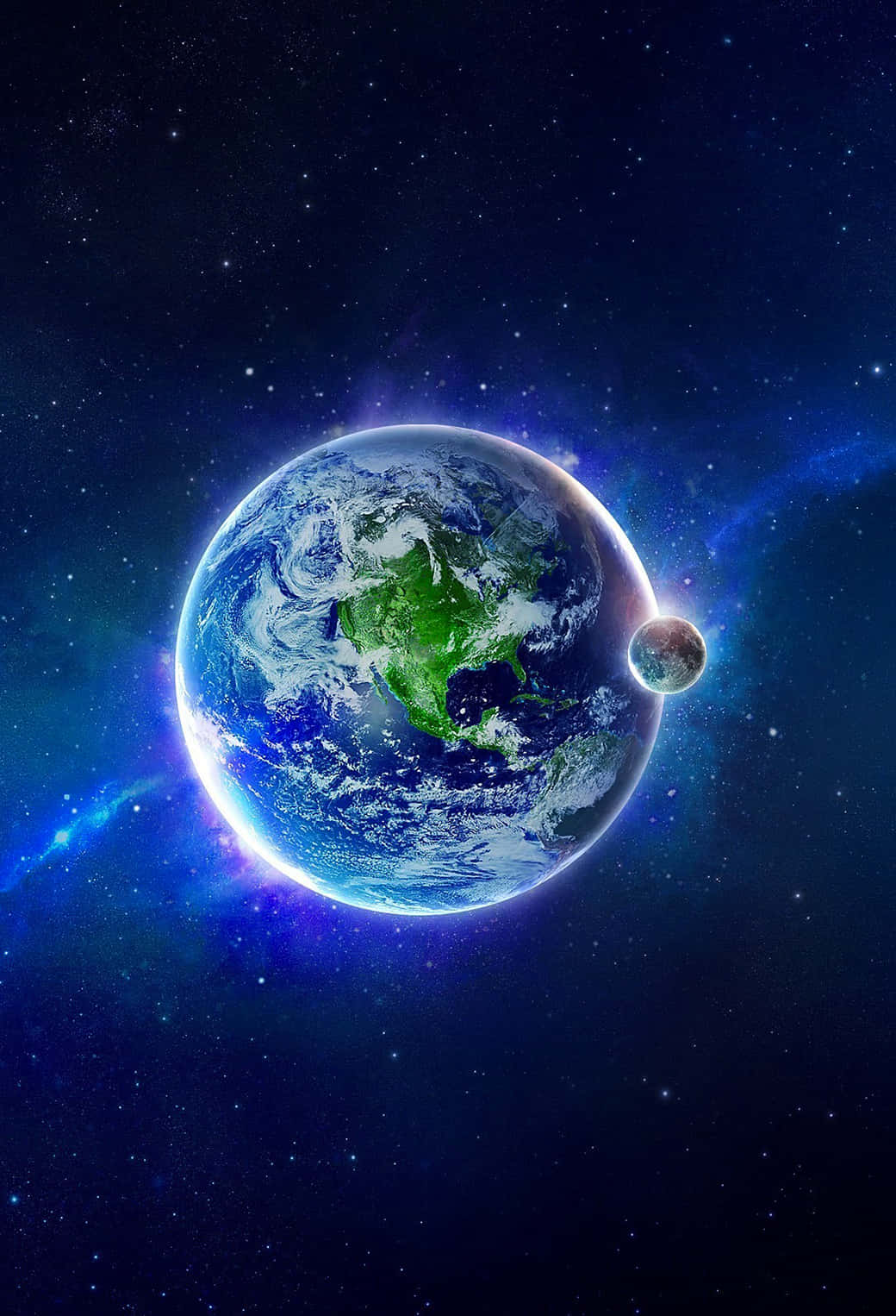 地球在太空中發光，伴隨著星星和一顆小月亮