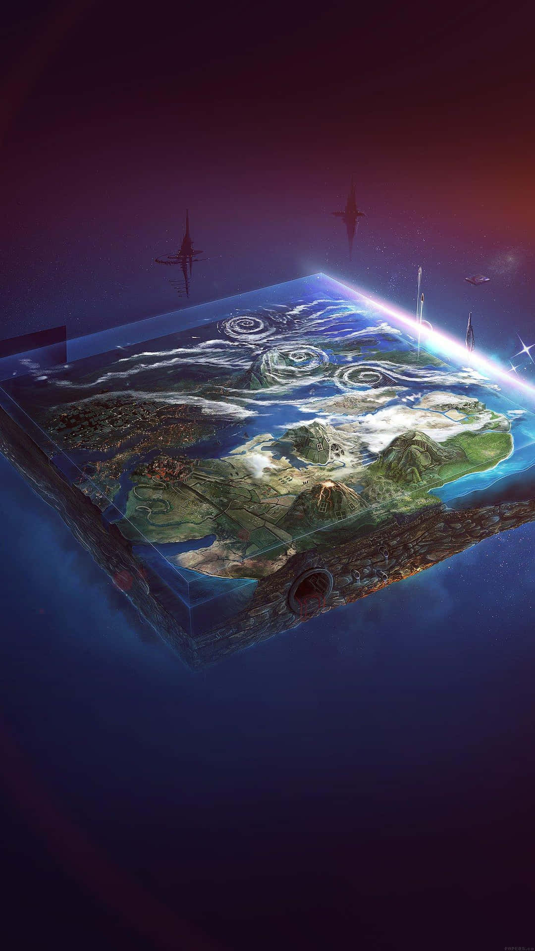 在太空中帶有發光能量圖案和未來主義結構的浮島。
