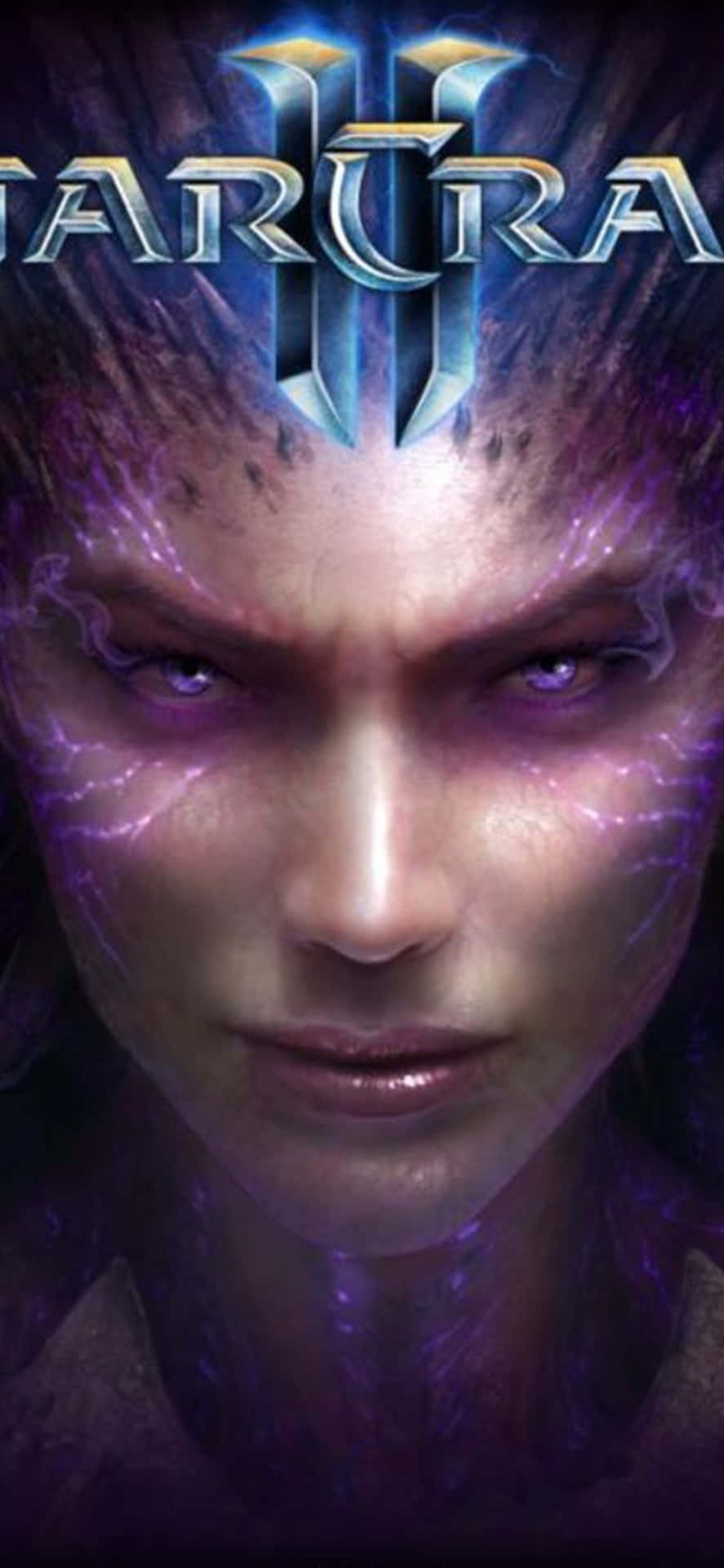 一個兇猛科幻女性，帶有發光的紫色血管和StarCraft II標誌。 — 外星人 壁紙