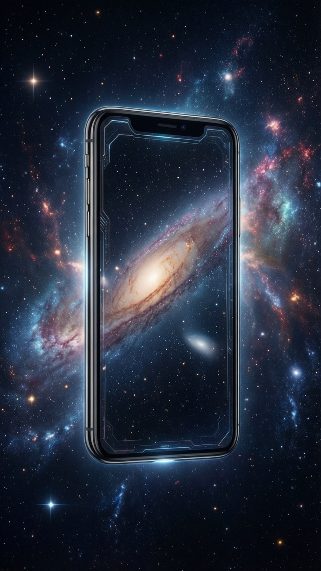 一部智能手機在星空宇宙背景上顯示螺旋星系