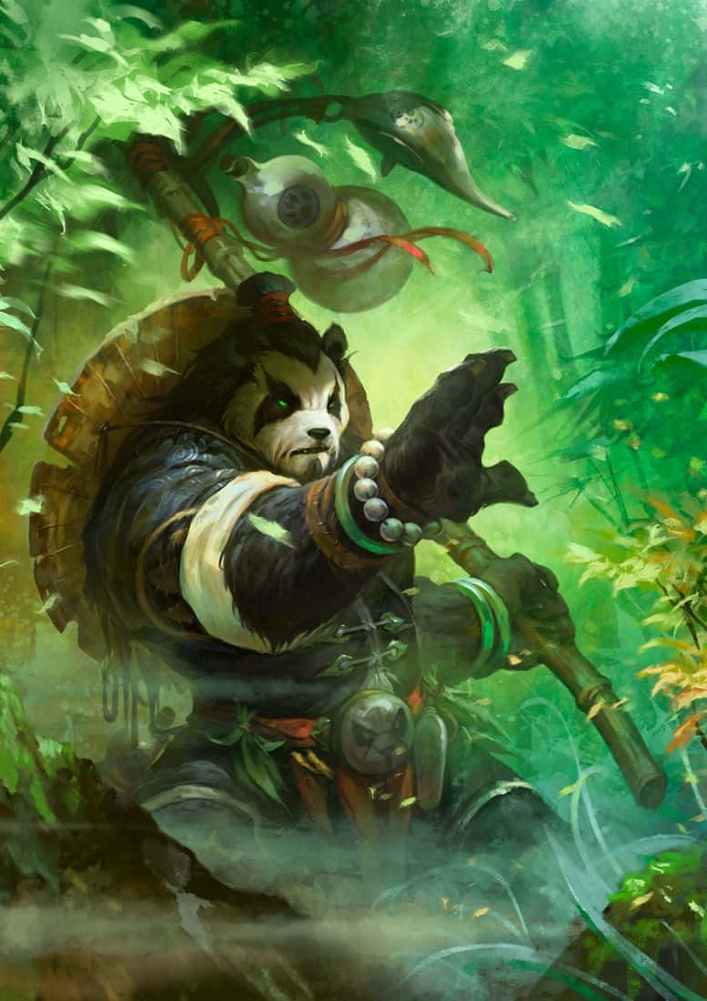 竹林中的熊貓戰士揮舞棍棒和盾牌，眼睛發光。