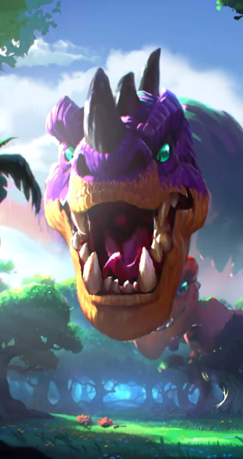 一隻眼睛發光的巨型紫色龍在茂密的森林中咆哮。