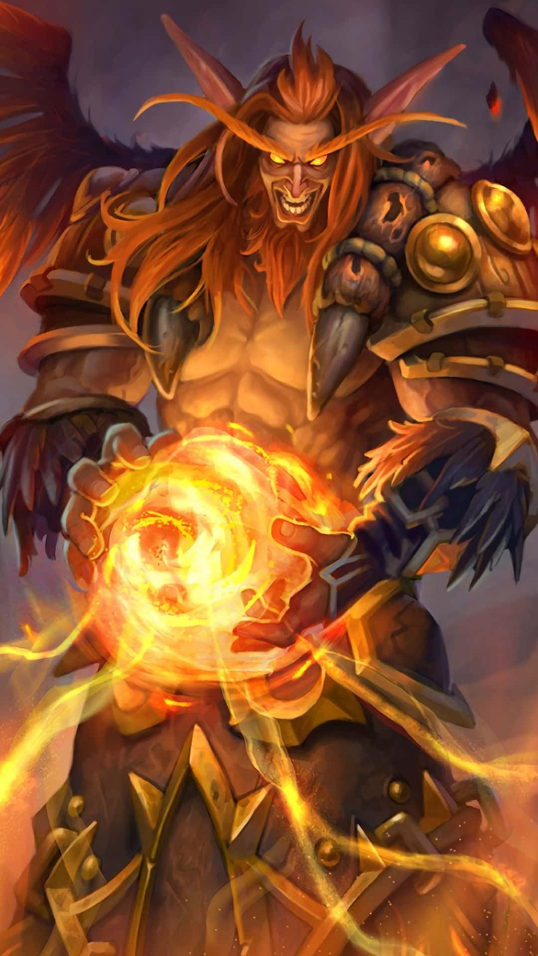 惡魔獸人術士在奇幻盔甲中揮舞火焰魔法。