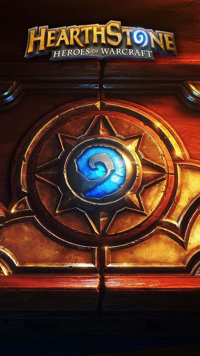 Hearthstone 遊戲標誌在金色木框中發出藍光。