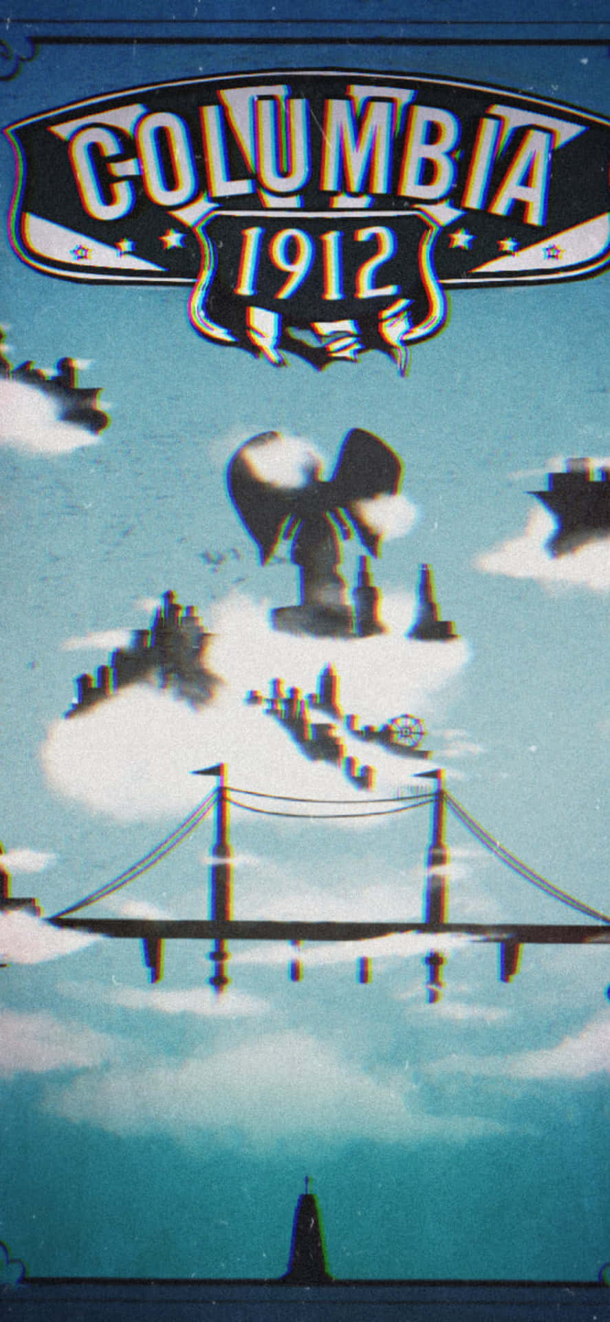 一座橋樑和一隻大鳥在雲層密佈的天空下方，標有Columbia 1912的浮島。