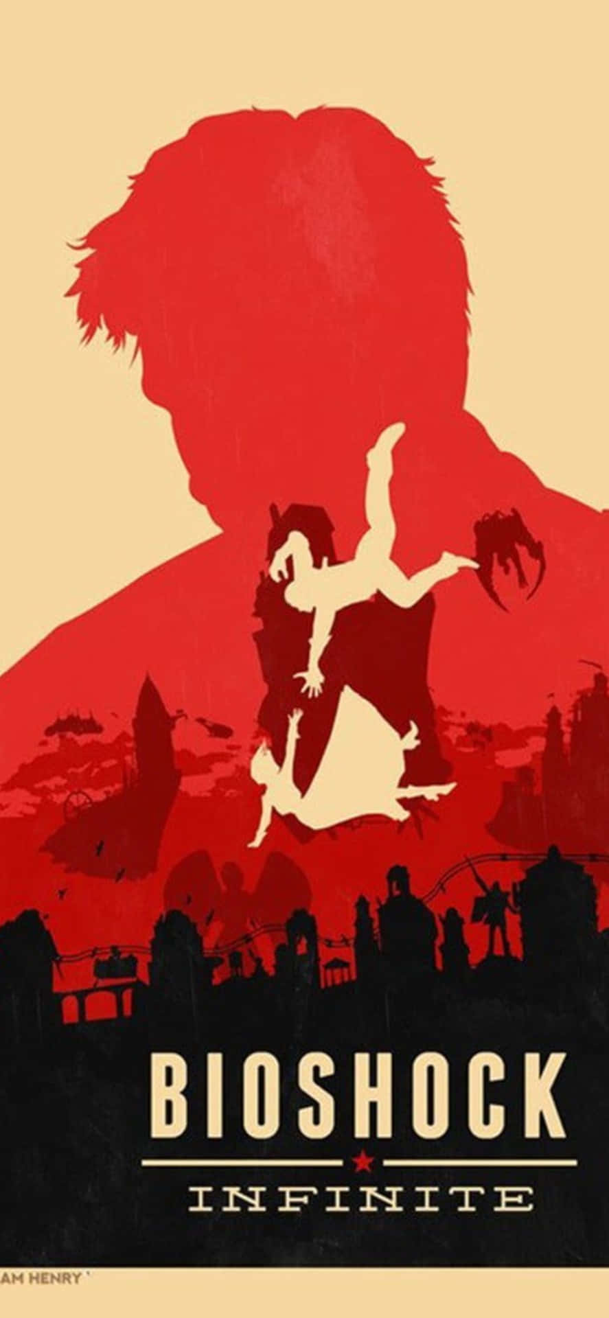 Bioshock Infinite 海報，帶有紅色剪影和城市天際線上的墜落人物。