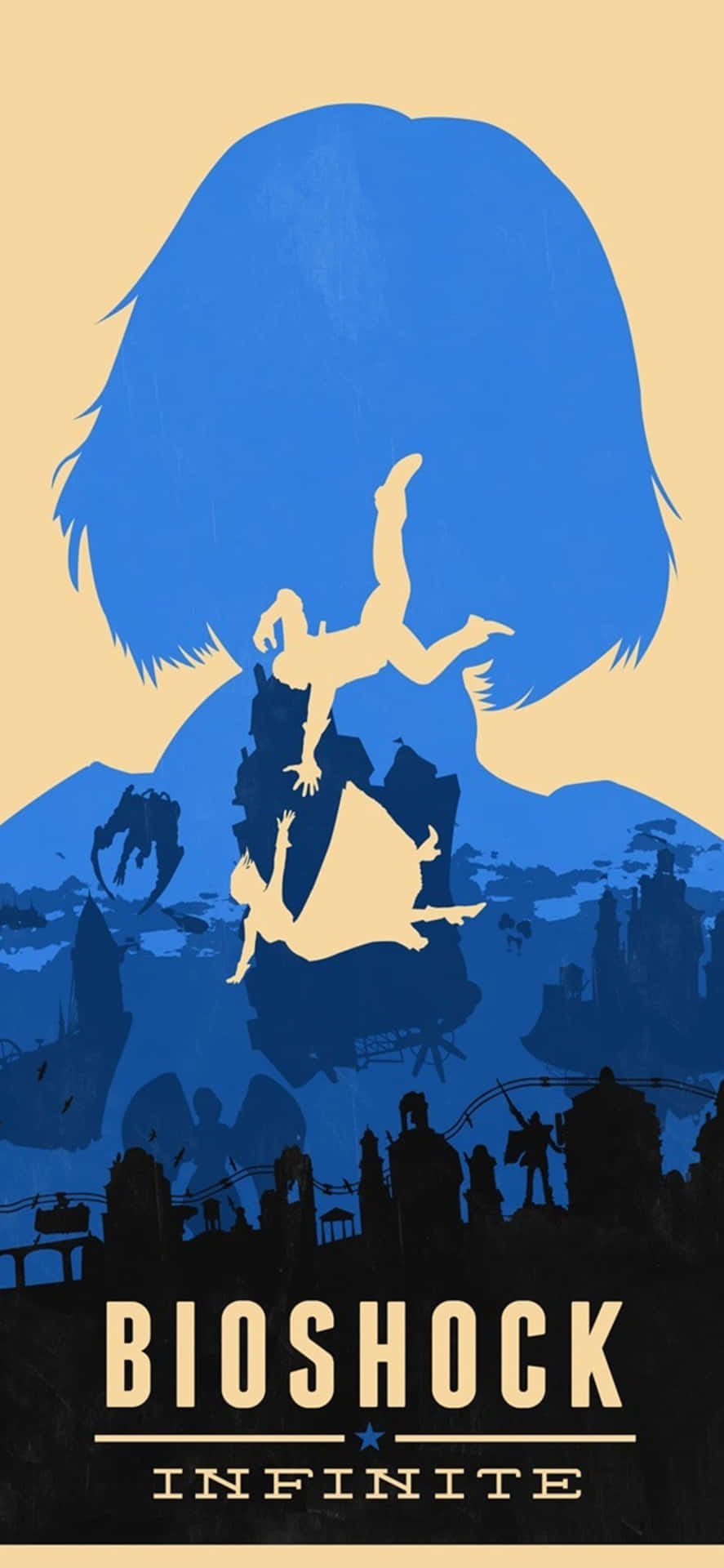Bioshock Infinite 海報，顯示一個墜落的人物，背景是女性剪影和城市天際線。