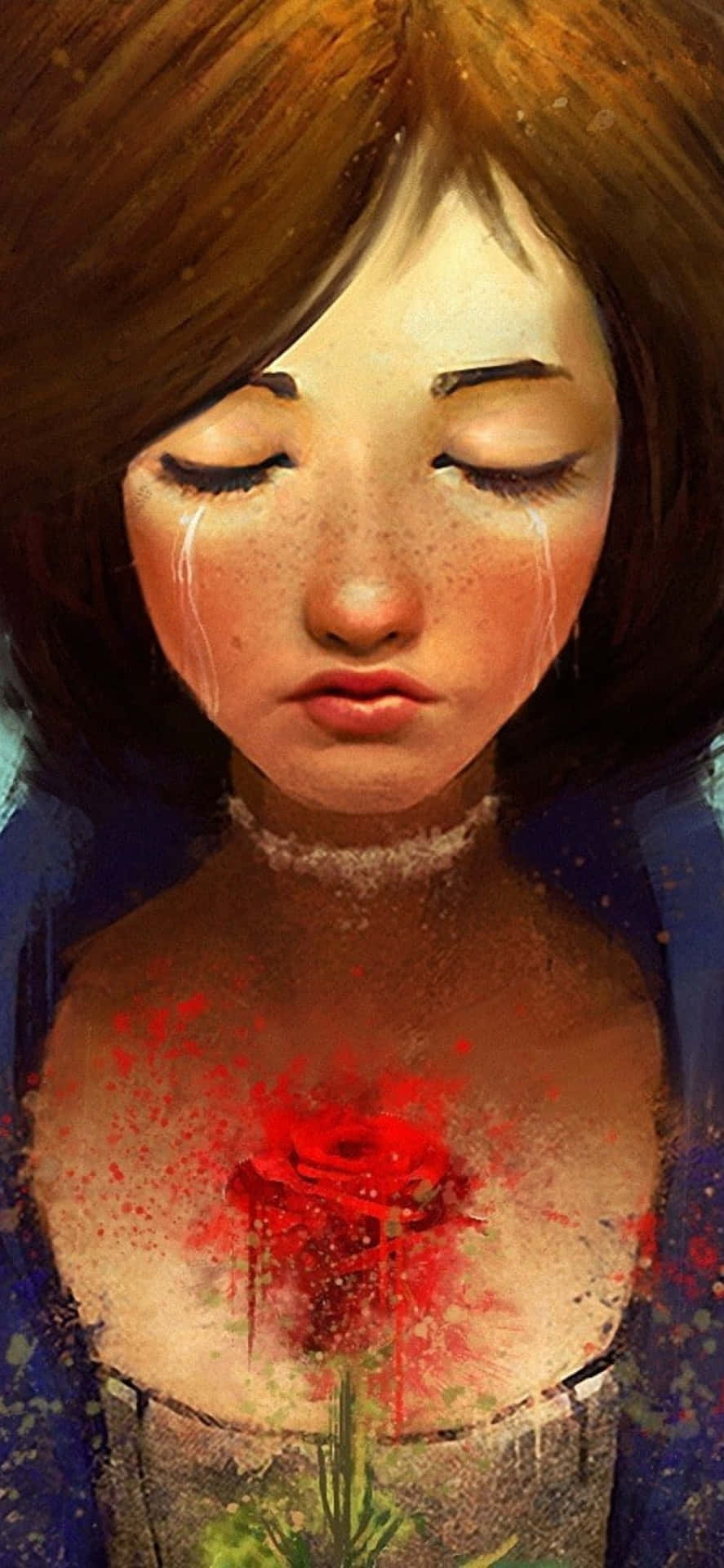 一個臉上帶著淚水的女孩，胸口有一朵紅玫瑰正在綻放。