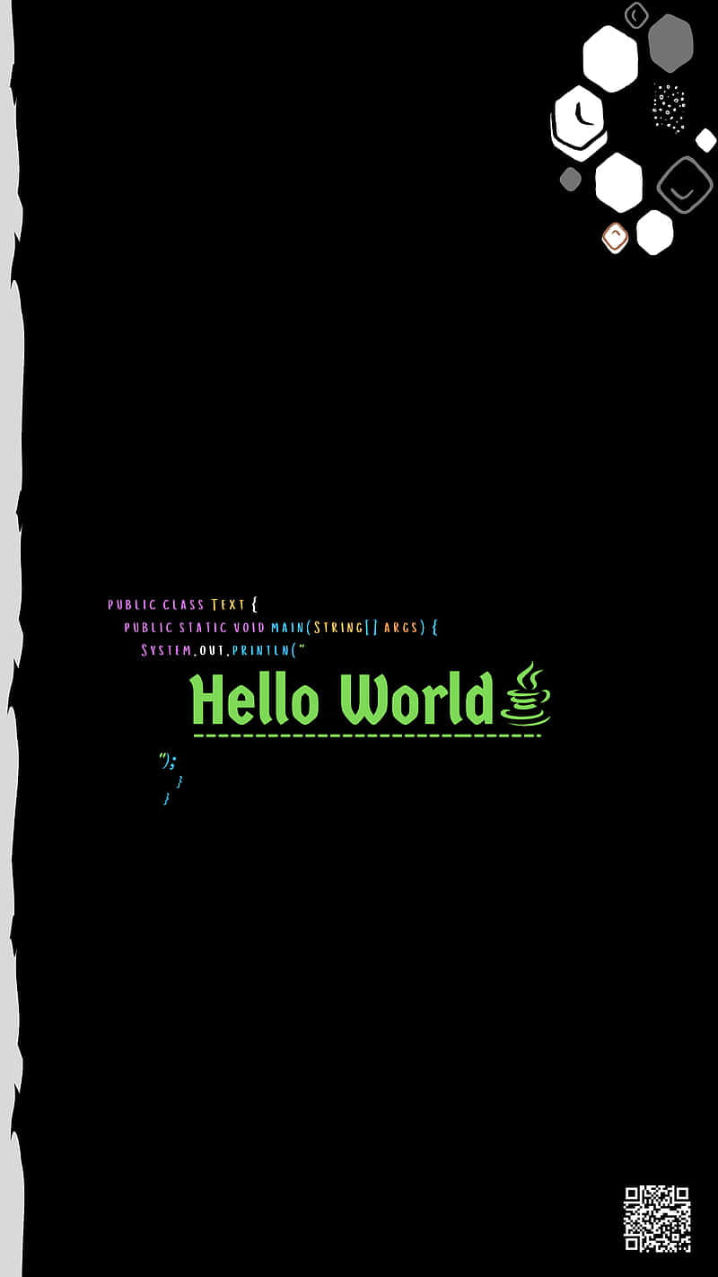 黑色背景上的綠色 Hello World Java 程式碼，帶有幾何形狀和 QR 碼。