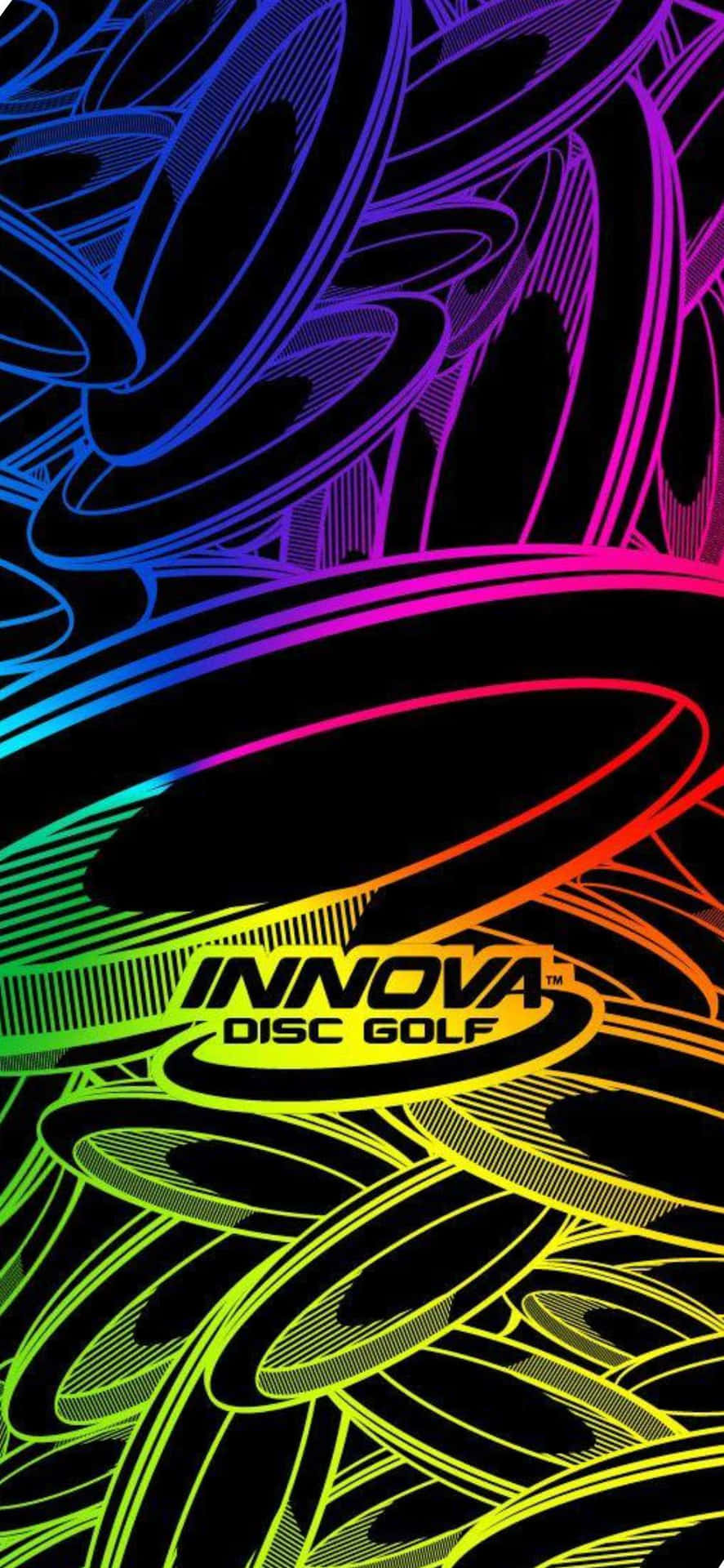 iPhone X 美式飛盤運動背景：Innova 飛盤品牌設計 壁紙 — 充滿活力的霓虹色飛盤高爾夫飛盤在黑色背景上以動態抽象圖案旋轉，帶有 Innova Disc Golf 標誌。
