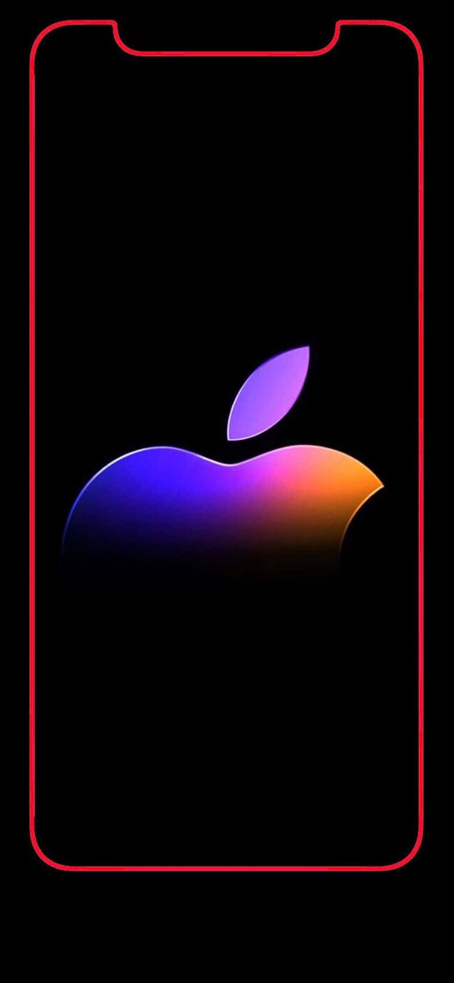 Apple標誌發光，帶有紫色和橙色漸變，在黑色手機屏幕上，紅色輪廓。