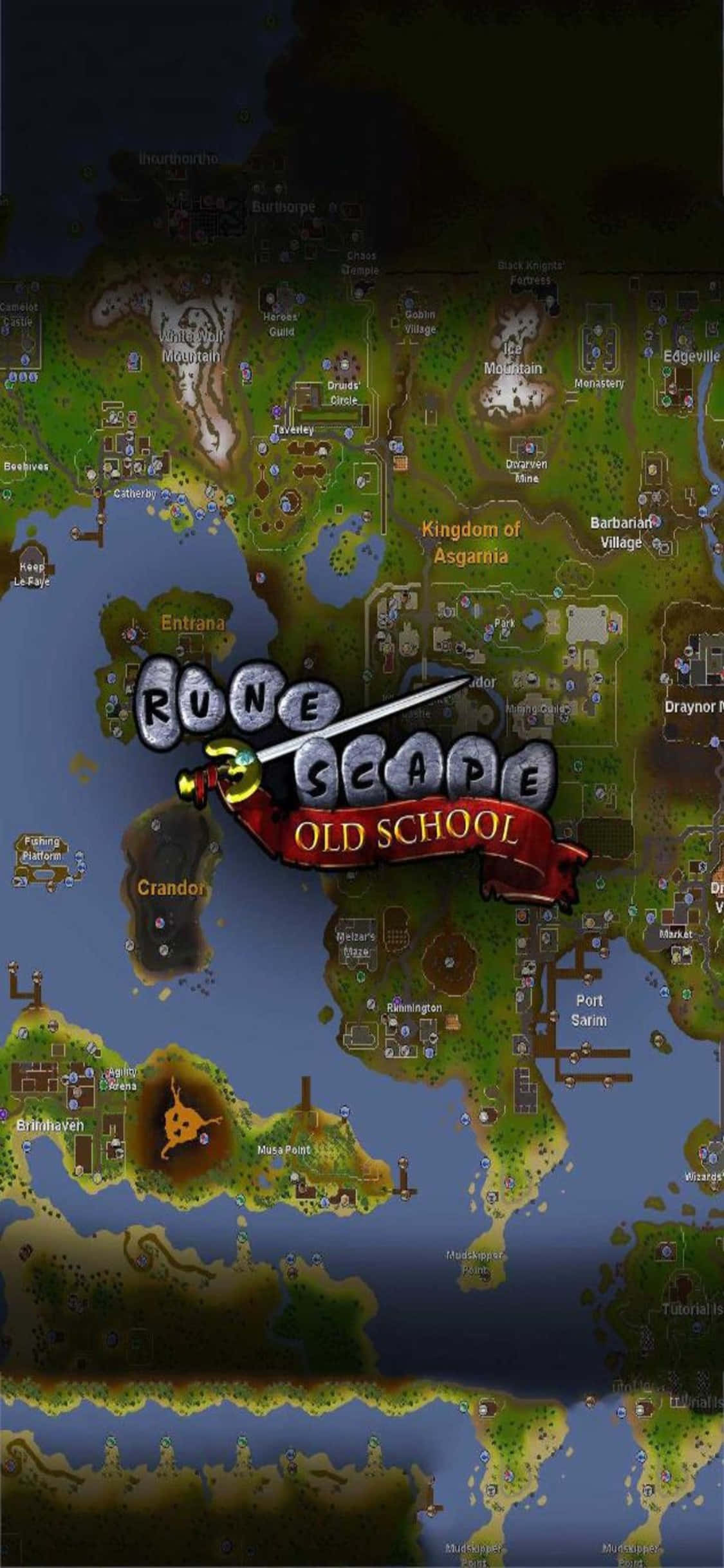 iPhone X《舊版傳奇》遊戲地圖背景 壁紙 — RuneScape Old School 的奇幻地圖，在黑暗天空下呈現發光的綠色地形和藍色水域。