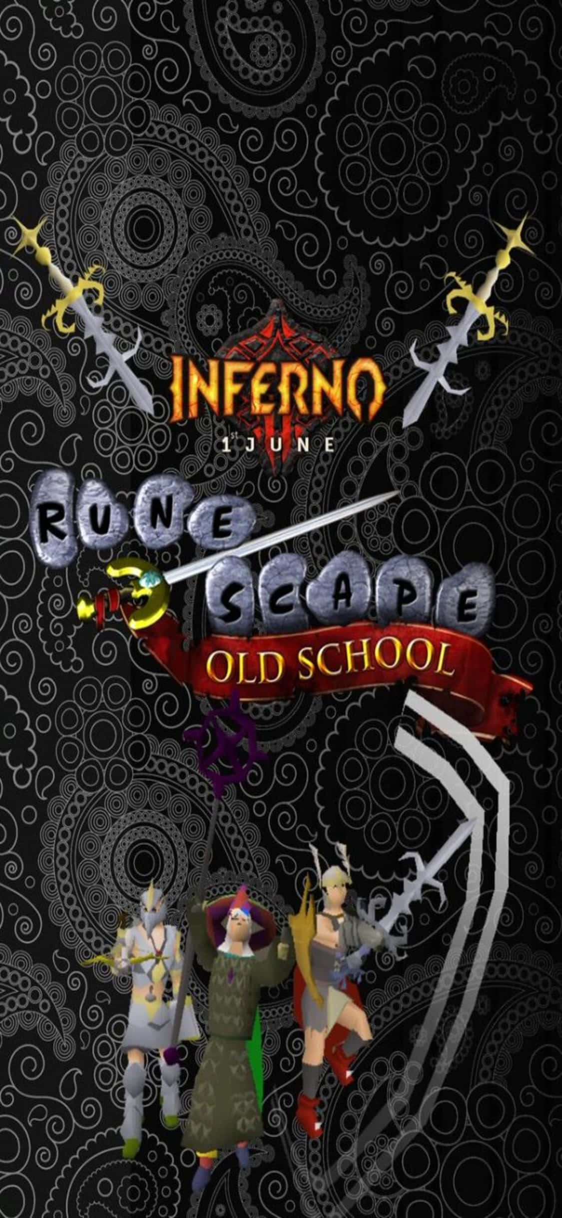 iPhone X《舊版傳奇》遊戲「地獄」迷你遊戲封面 壁紙 — 三個風格化的RuneScape Old School角色站在一個帶有發光劍和火焰文字的黑暗華麗背景前。