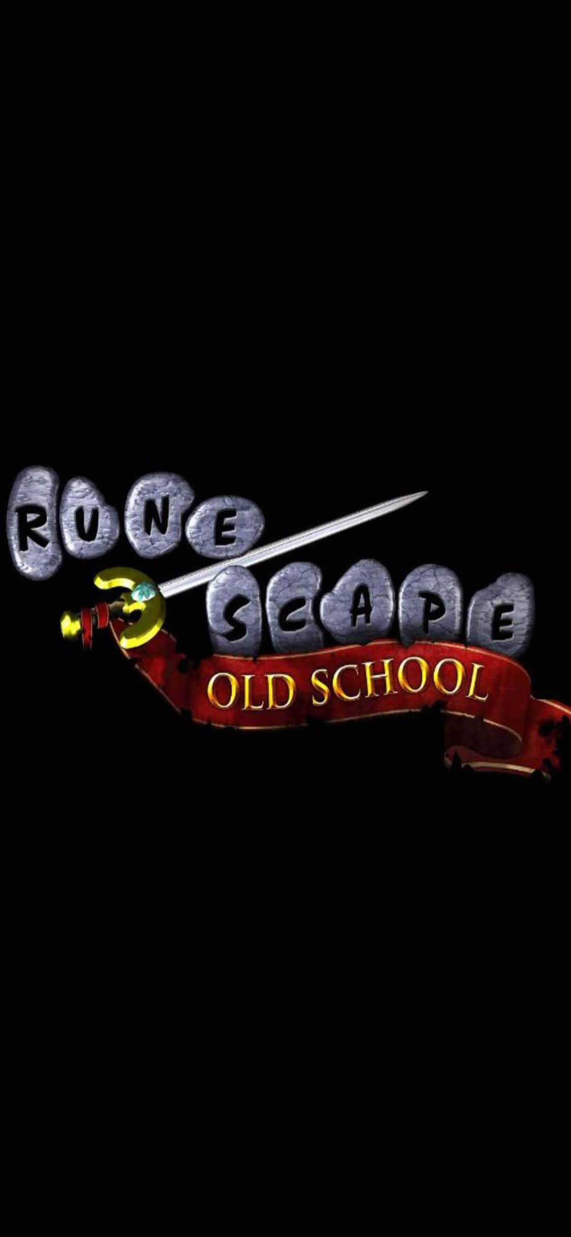 iPhone X《舊版傳奇》遊戲劍背景 壁紙 — 深色背景上顯示RuneScape Old School標誌，帶有石紋理字母、發光劍和紅色橫幅。