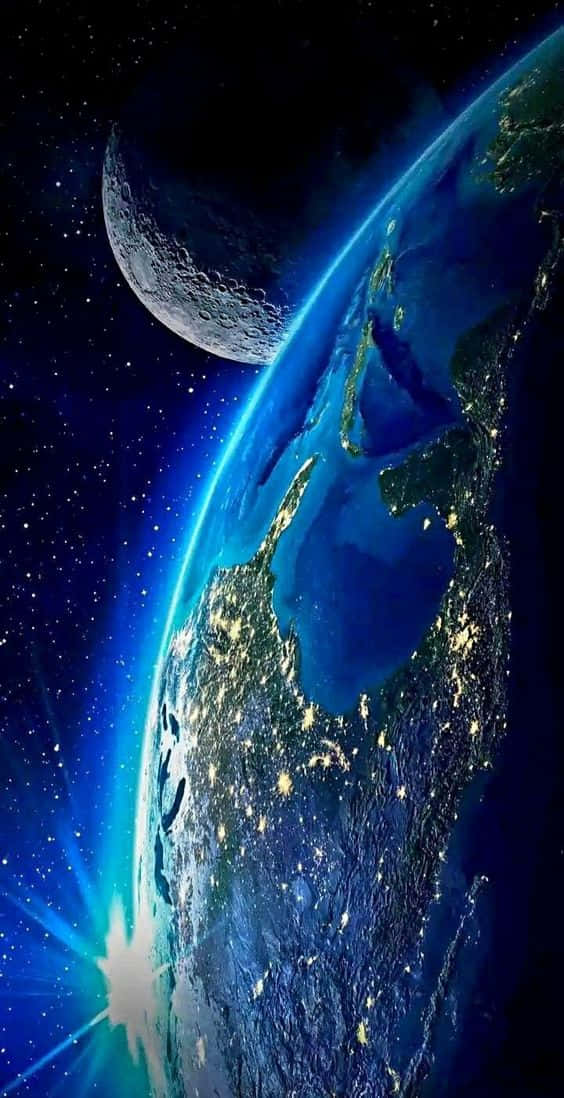 從太空看地球，城市燈光和新月映襯著星空。