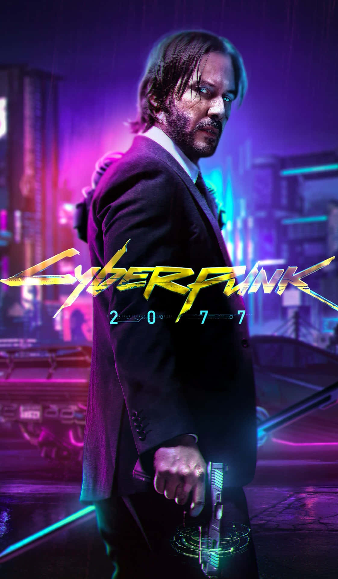 Cyberpunk 2077 主角在霓虹燈照亮、雨水浸濕的城市中手持發光武器。