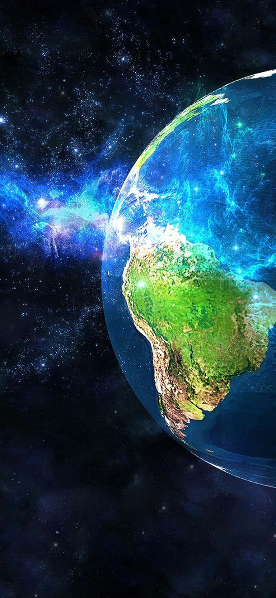 從太空看到的地球，背景有發光的星雲。