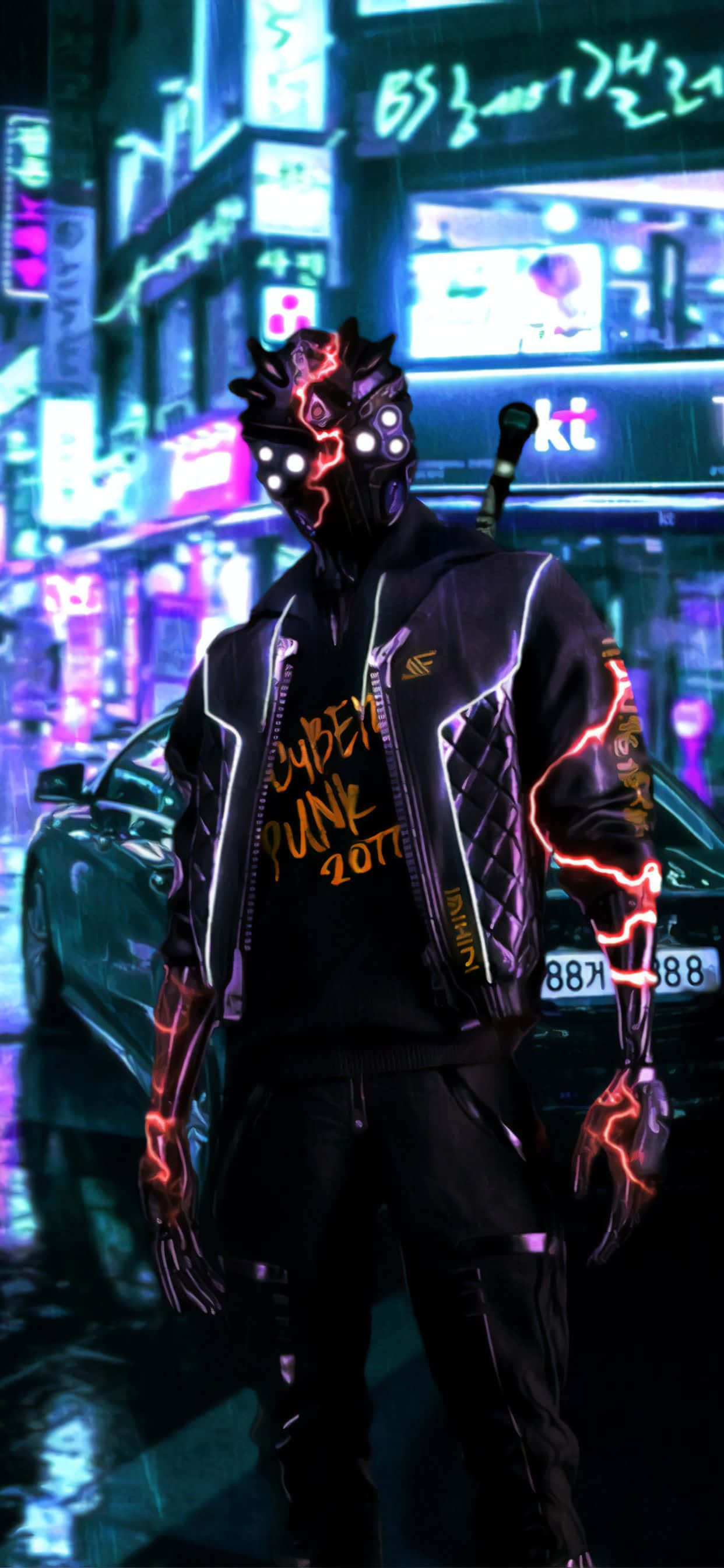 iPhone X《賽博朋克2077》黑皮機械人角色背景 壁紙 — 一個帶有發光紅色神經電路的賽博朋克人物站在夜晚霓虹燈閃爍、雨水浸濕的城市小巷中。