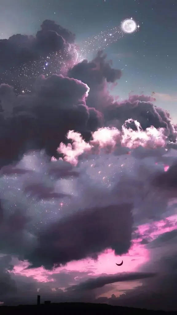 多雲天空iPhone背景 壁紙 — 夢幻的暮色天空，紫色雲彩在明亮的月亮和彎月下發光，並帶有閃爍的粒子。