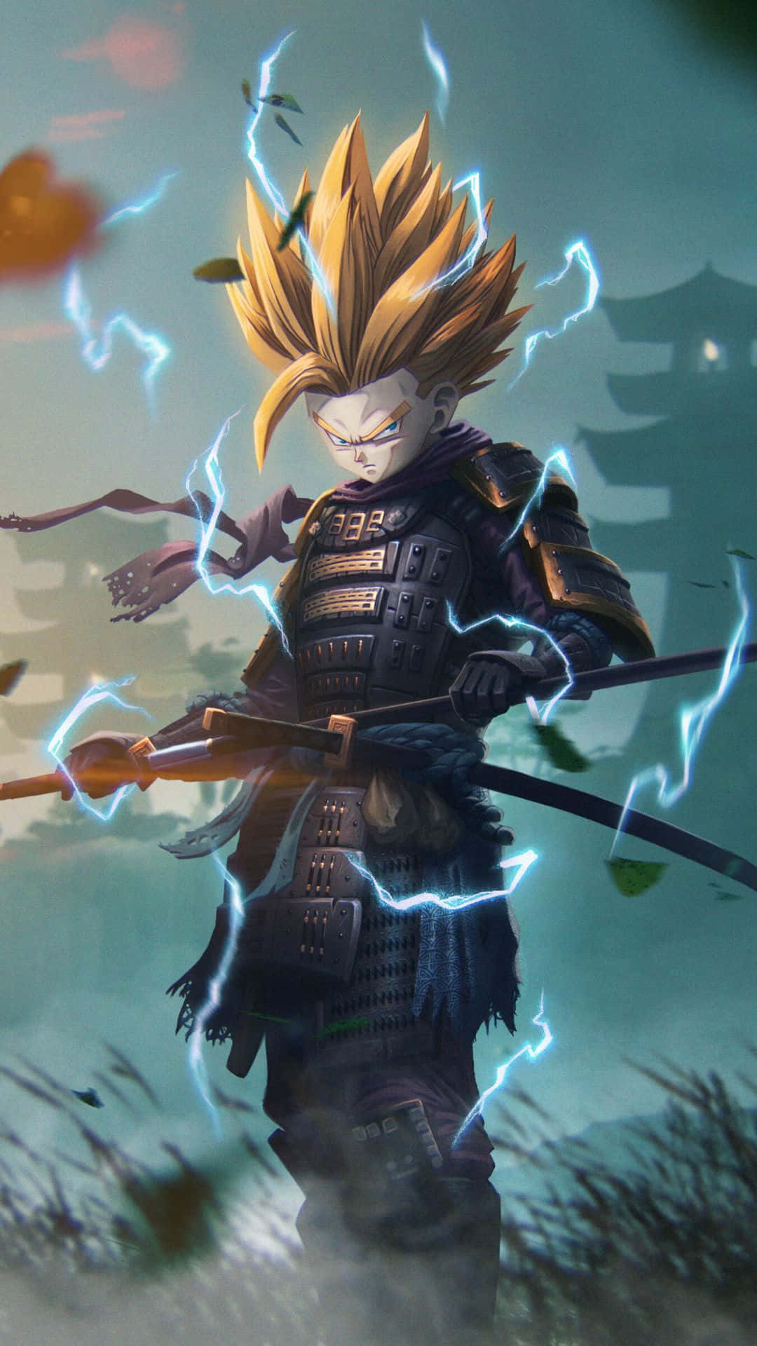 武士裝扮悟飯 - iPhone壁紙 壁紙 — 一個頭髮豎起的戰士身穿黑色盔甲，在迷霧背景中伴隨著噼啪作響的閃電揮舞著發光的劍。
