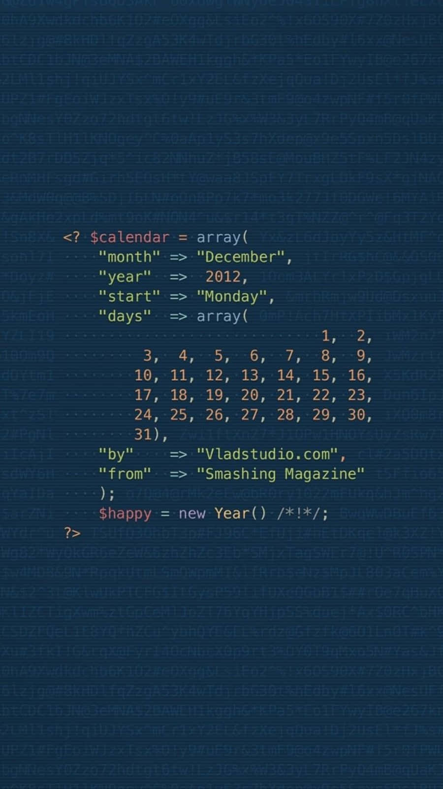 立即以iPhone開始編程！ 壁紙 — 深藍色數碼牆紙，顯示2012年12月日曆的PHP代碼，底部帶有幽默評論。