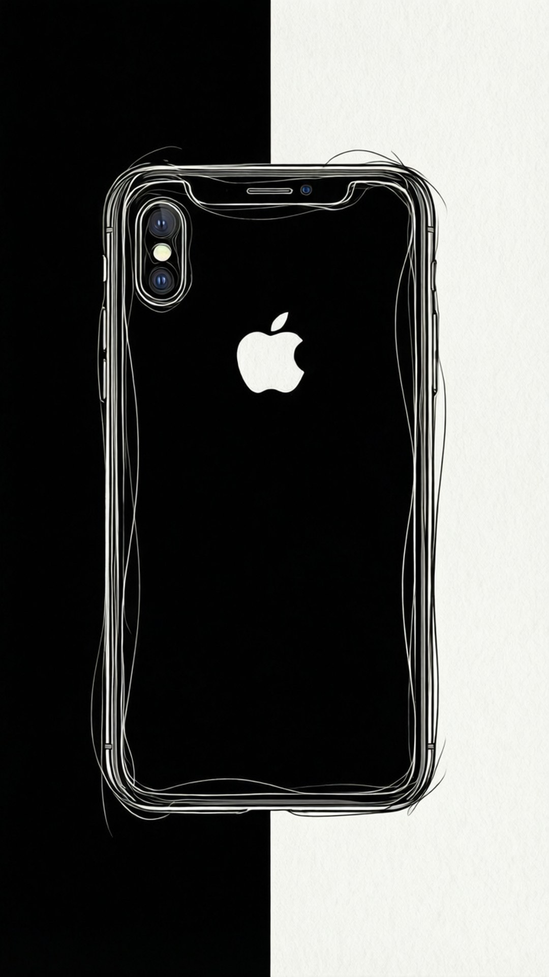 線條藝術 iPhone XR 壁紙 — 一部黑色iPhone X，白色Apple標誌居中，背景為鮮明的黑白分割背景。